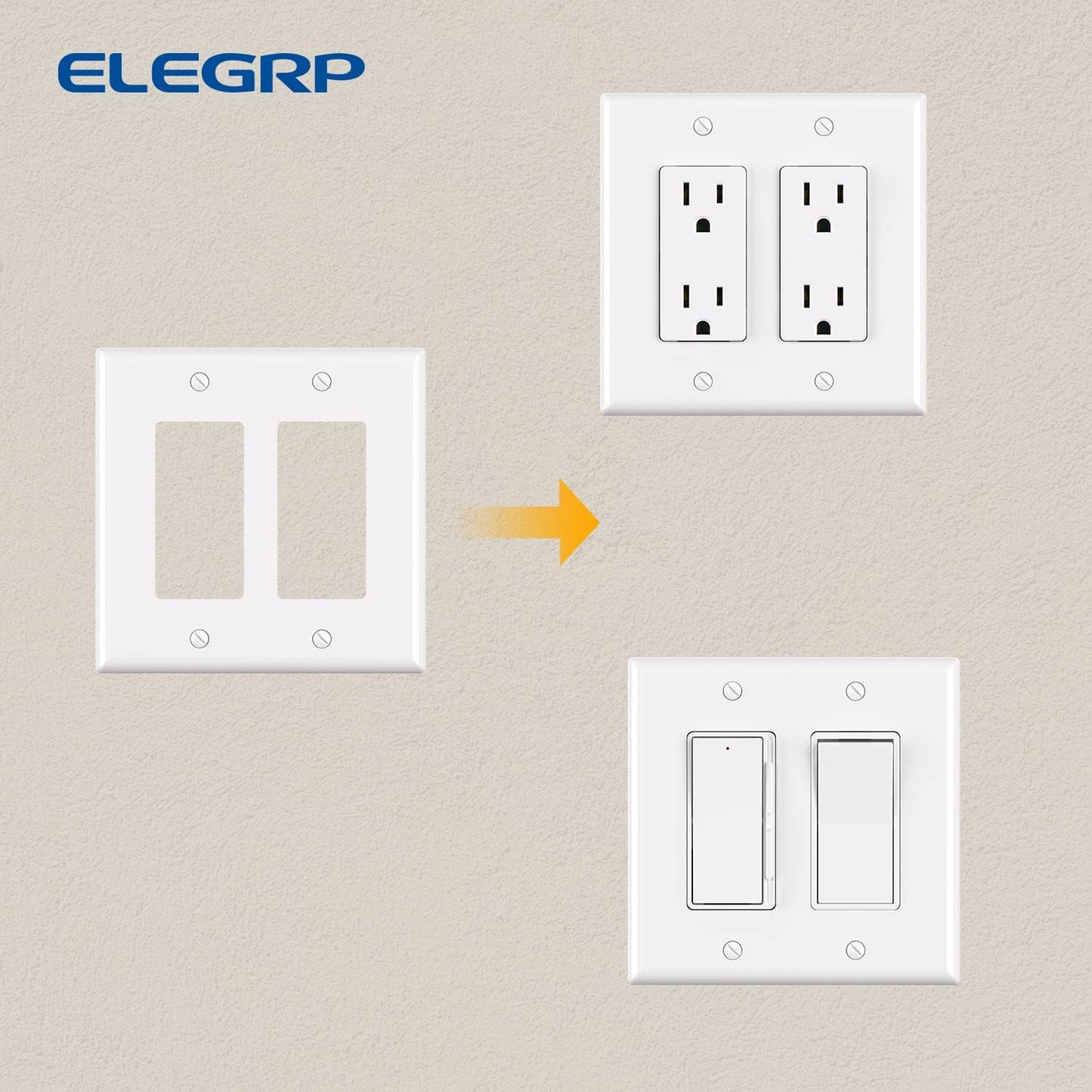 ELEGRP 2-Gang Decorative Wall Plates, Mid-Size 4.88" H x 4.94" L Unbreakable Thermoplastic Faceplate Cover for Decorator Receptacle Outlet Switch, UL Listed (2 Pack, Glossy White)