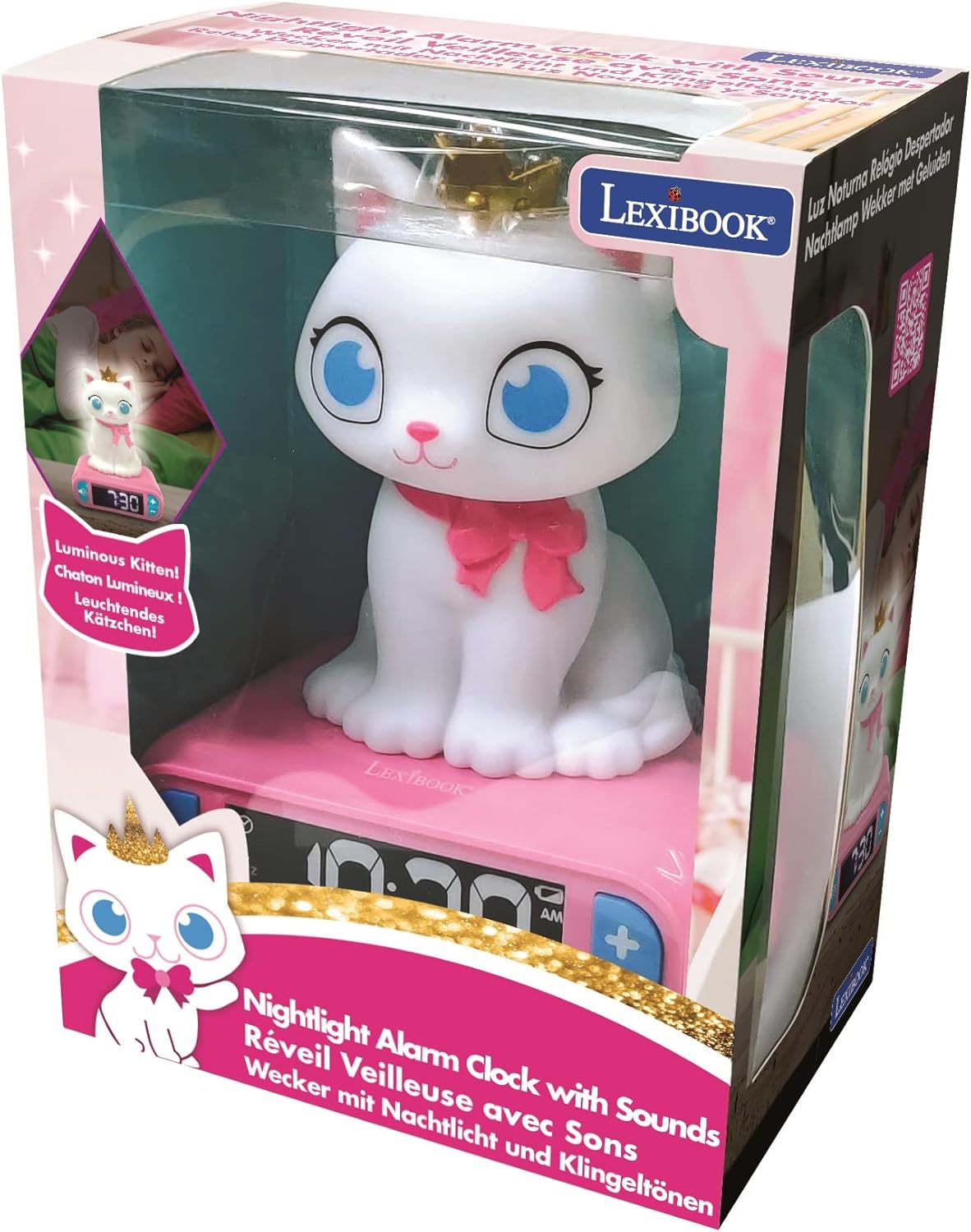 LEXiBOOK - Kitten Digital Alarm Clock for Kids with Night Light Snooze, Childrens Clock, Luminous Cat, White and Pink Colours - RL800KT