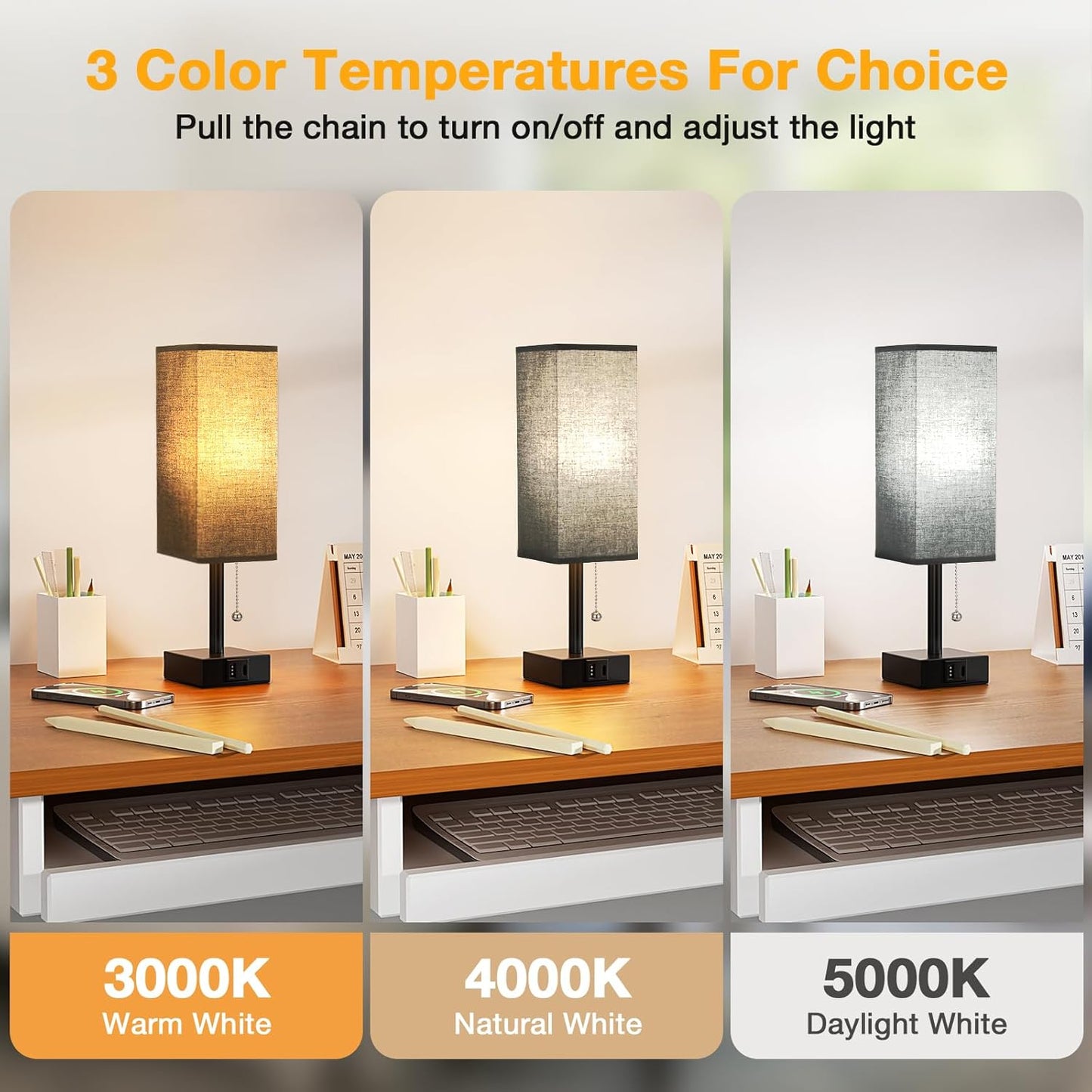 Black Small Table Lamp for Bedroom - 3 Color Temperature 3000K 5000K 4000K Bedside Lamp, Pull Chain Control, USB A and C Charging Ports, Black Base, for Kids Office Dorm Nightstand, Bulb Included
