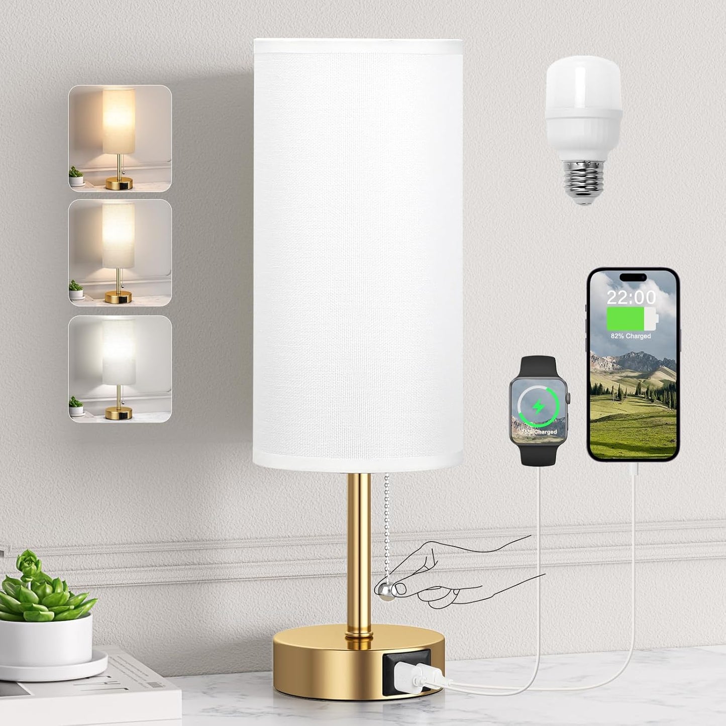 Gold Bedside Lamp for Bedroom Nightstand - Small Table Lamp with USB A + C Charging Port, 3 Color Temperatures Pull Chain Night Stand Light, Side Table Desk Reading Lamp for Living Room/Dorm Room