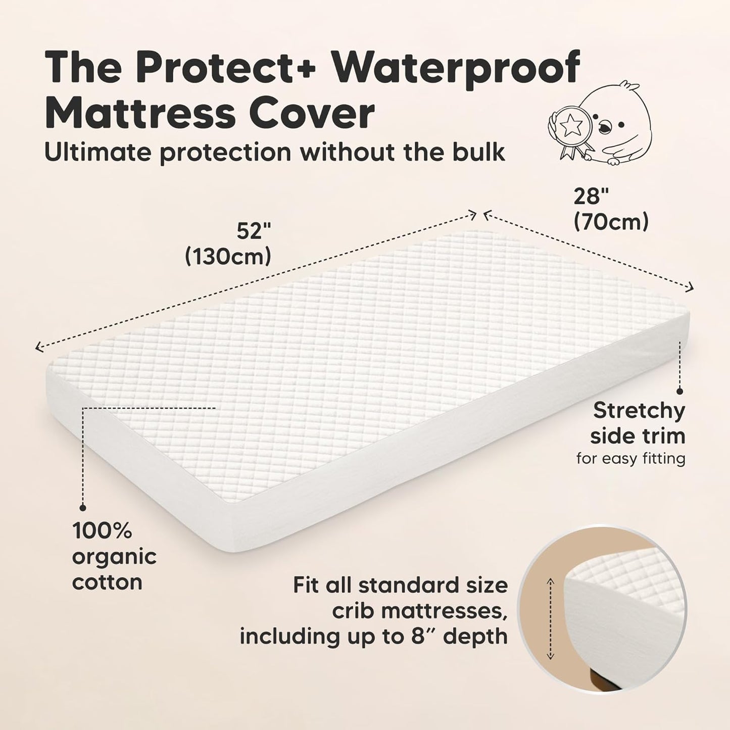 Waterproof Crib Mattress Protector Cover Fitted - 2-Pack Quiet Baby Crib Mattress Pad Sheets, 52" x 28" Soft Quilted Cotton Baby Sheet, Machine Washable, Easy Fit, Durable (Soft White/Quin)