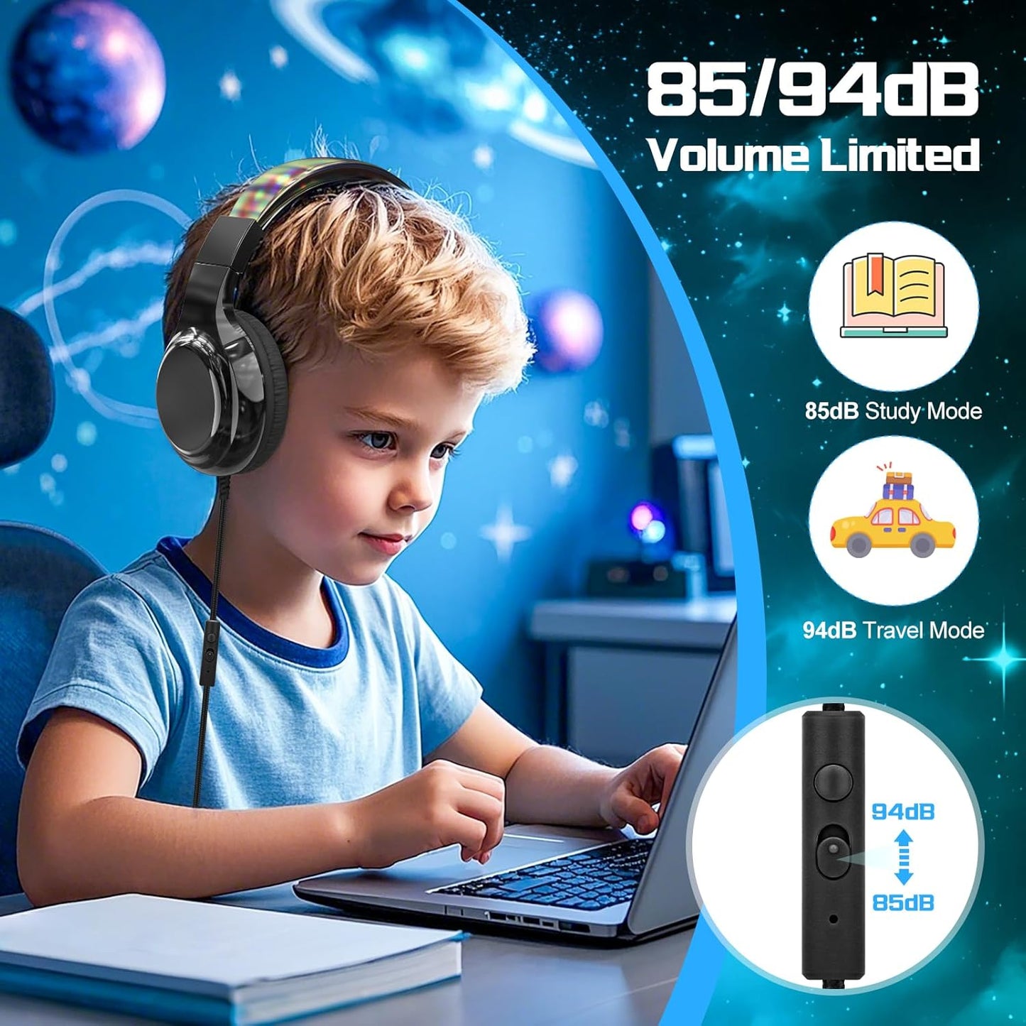 QearFun Kids Headphones Wired with Mic, 85/94dB Safe Volume Limit, Foldable Over Ear, Tangle-Free Cord & Sharing Port, Wired On-Ear Headset for School, Chromebook, Tablet, Travel - Boys & Girls