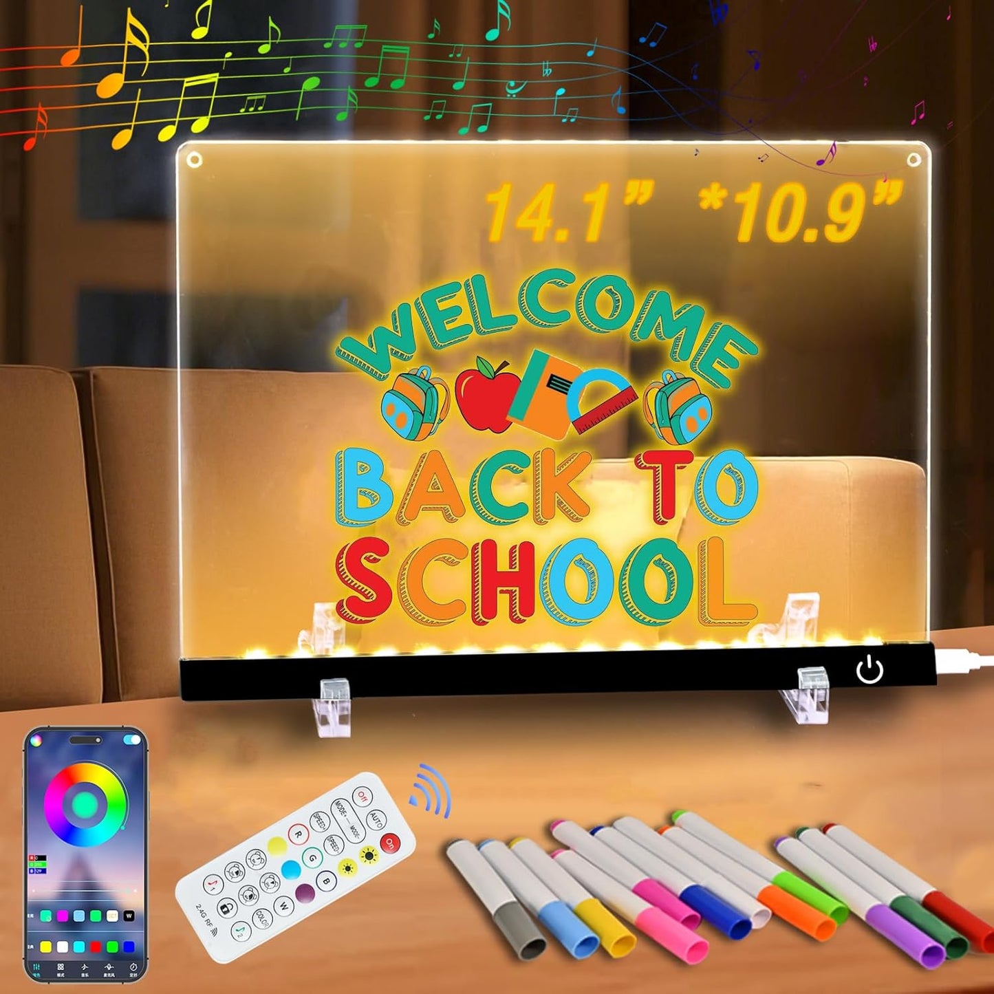 Led Note Board with Colors Light Up Drawing Board for Kids - 14.1"x10.9" Acrylic Message Board with Music Sync & Remote Control Dry Erase Board with 7 Color Markers for Gifts Toys (Standard)