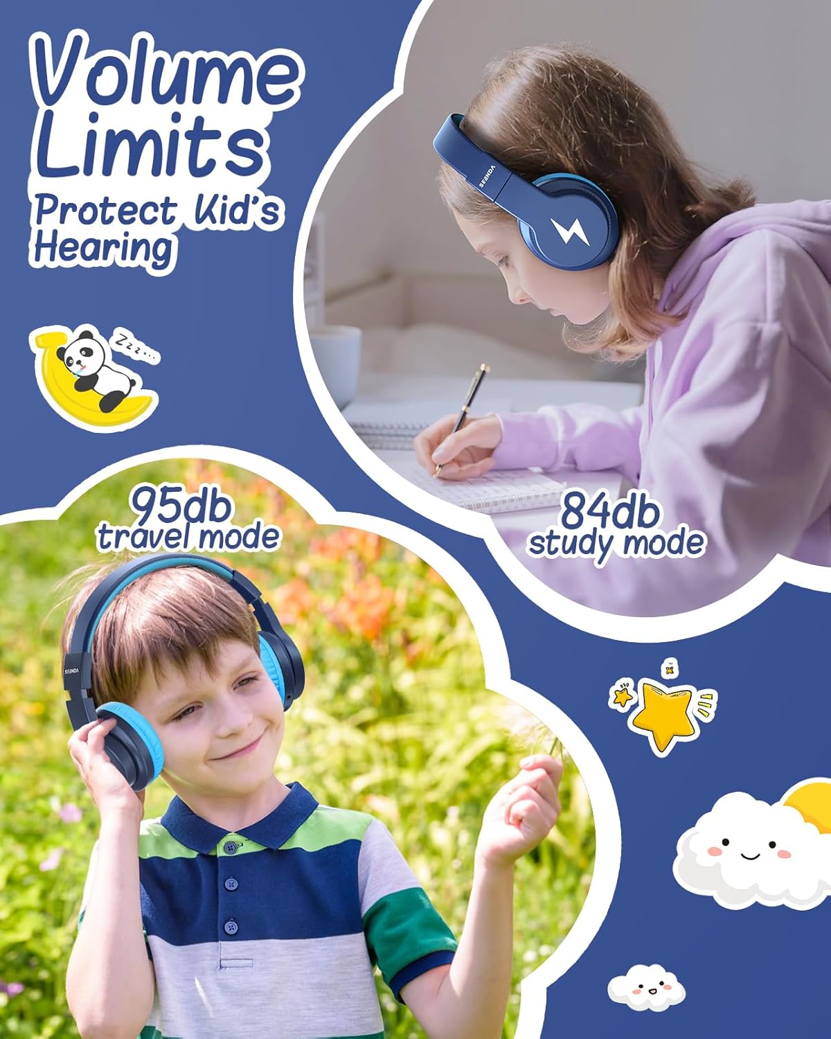 seenda Kids Bluetooth Headphones, Colorful Wireless Over Ear Headset with 85dB/94dB Volume Limited, 45H Playtime, 3 Lighting Modes, Built-in Mic Headphones for Boys Girls iPad Tablet School Dark Blue