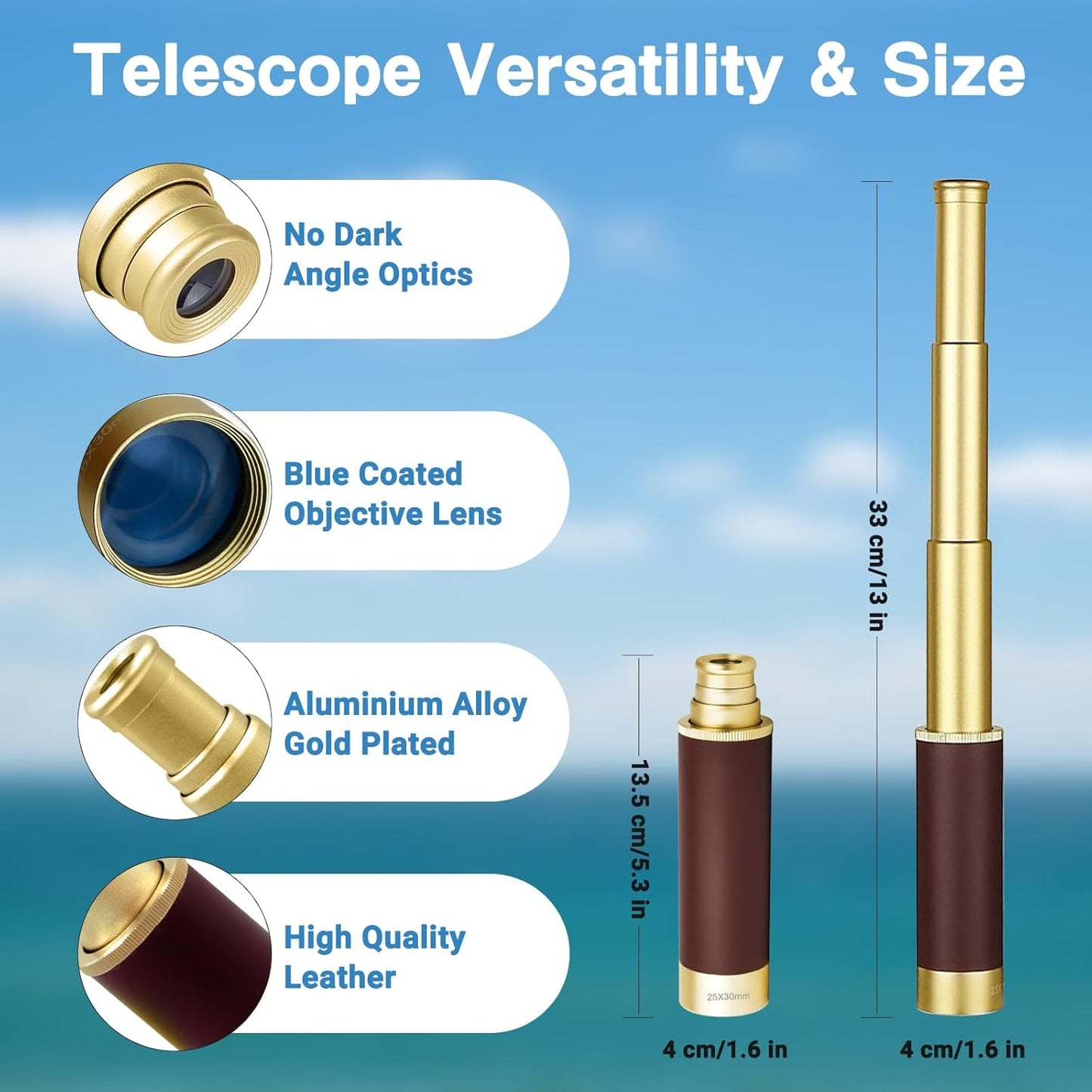 Retro Pirate Telescope 25x30 Spyglass Portable Collapsible Handheld Telescope Zoom Vintage Monocular Classical Collection Compass for Camping Hunting Boating Gift