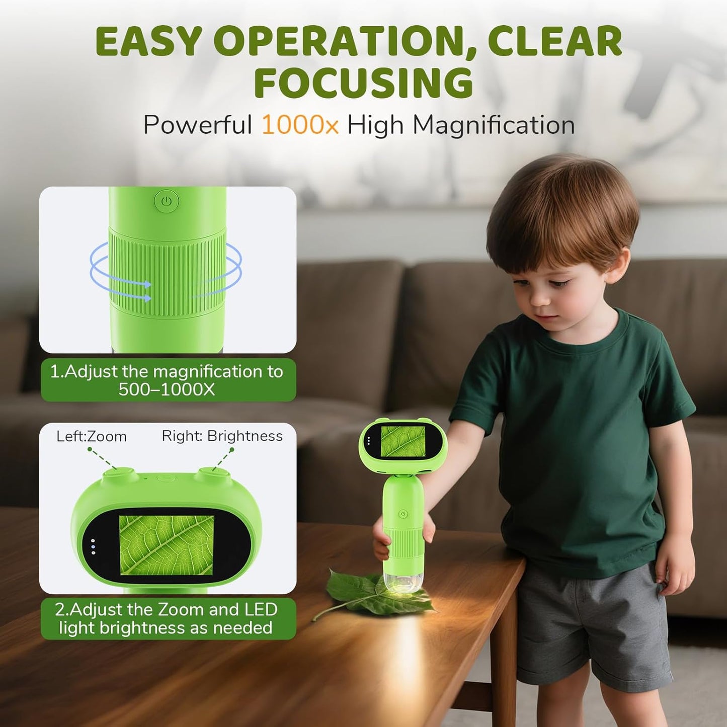 Microscope for Kids, Aurosports Kids Microscope Handheld, 1000X Pocket Miniscope Portable with Photo & Video - 2 Inch HD IPS Screen 32GB Digital Microscopes for Boys Girls Gifts