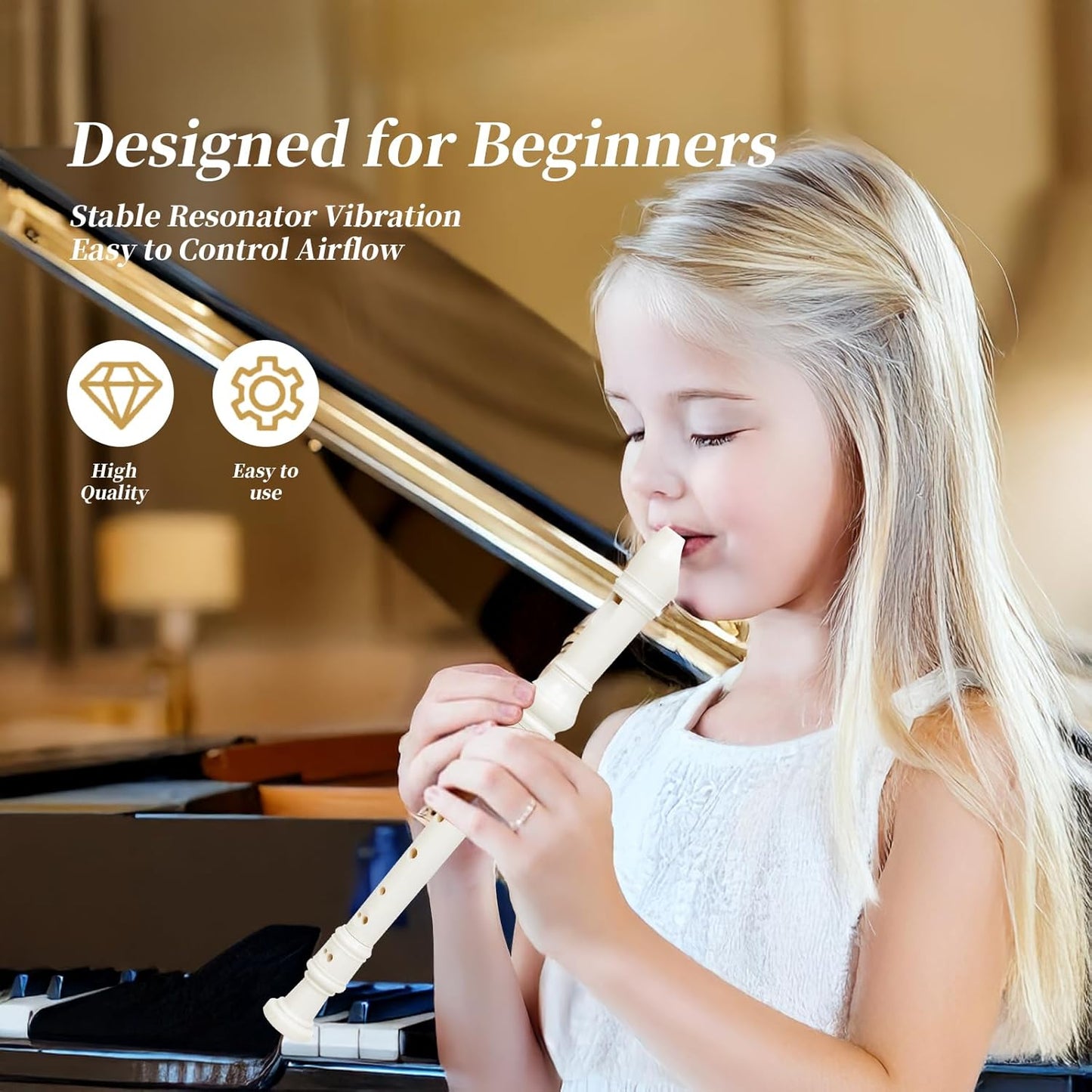 Soprano Recorder for Kids Beginners, German Fingering, C Key, 3 Piece with Cleaning Rod, Bag, Fingering Chart (White)…