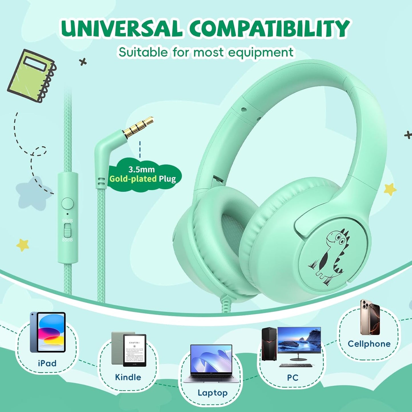 Kids Headphones Wired for School, 85/94dB Volume Limit Toddler Headphones with Microphone, Wired Cute Dinosaur for Boys Girls, Stereo Sound 3.5mm Plug for Kindle Tablet School, Green