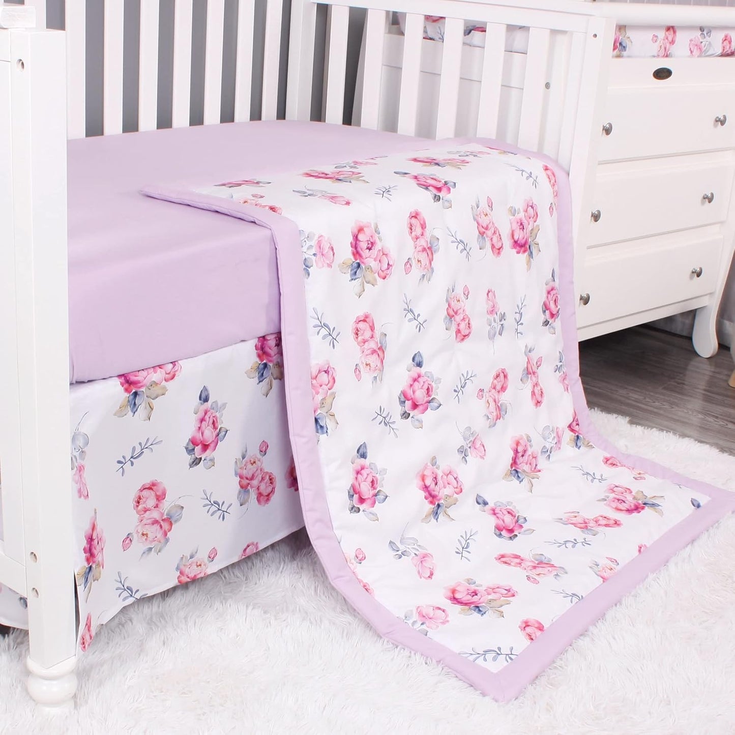 Belsden Floral 3 Piece Crib Bedding Set for Baby Boys Girls, Classic Nursery Bedding Essential Including Comforter, Crib Sheet and Crib Skirt, Ultra Soft Cozy, Floral Purple