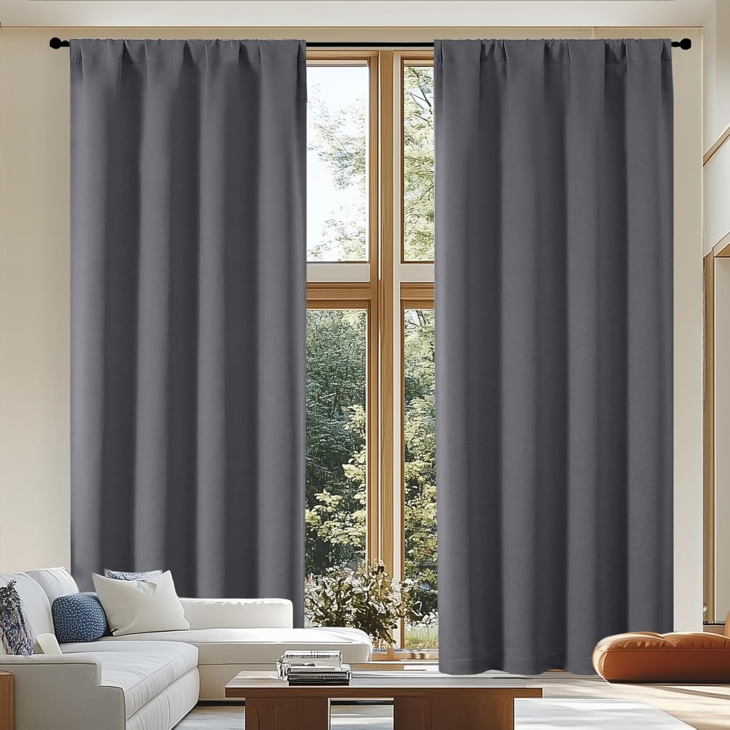 Simplebrand Ava Grey Blackout Curtains for Patio 108 Inches Long 2 Panels Set, Solid Thermal Insulated Room Darkening Rod Pocket Window Treatment Curtains Blackout Drapes, W50 x L108 Inch, Grey