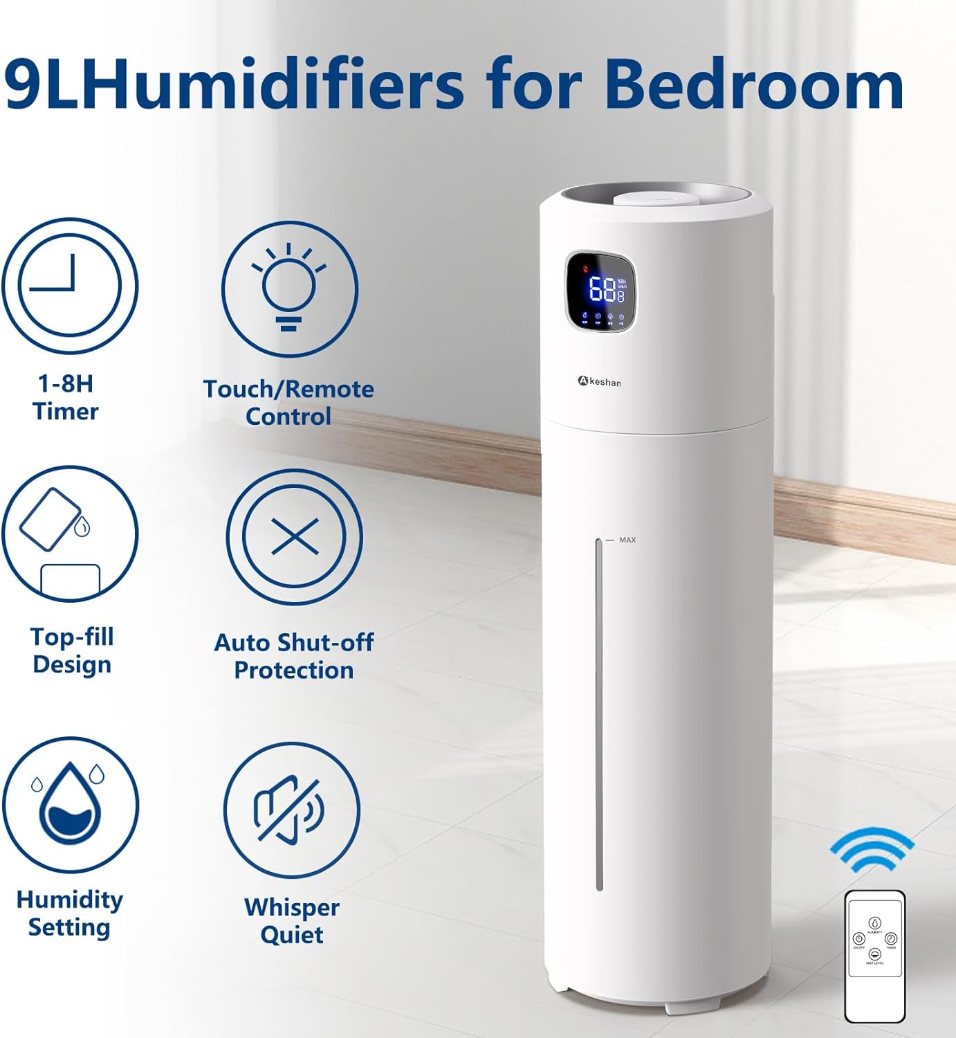 Large Humidifiers for Bedroom, 9L/2.5Gal Ultrasonic Cool Mist, Easy Clean with 350ML/H Large Mist Speed, Quiet Tower, Suitable for Kids Room Plant Yoga (White)