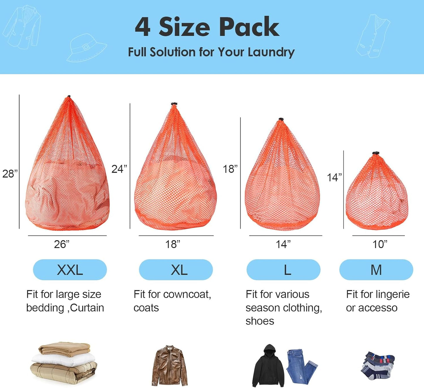 4Pcs Mesh Laundry Bags Washing Machine Mesh Wash Bags for Clothes,Underwear,Lingerie, Bed Linen with Drawstring Closure Sturdy(4 Size, Orange)