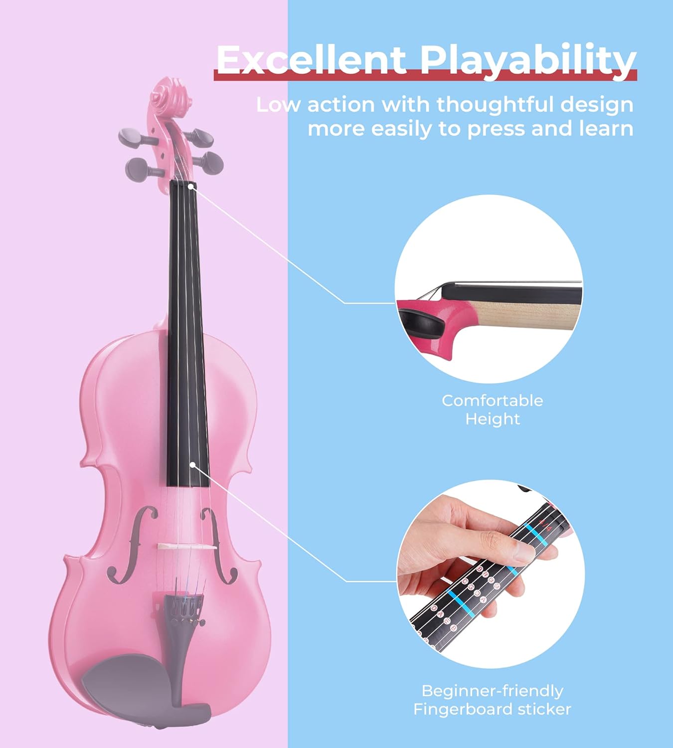 Vangoa Pink Violin 4/4 Full Size Fiddle Set, Acoustic Violin for Women Beginners Adults Teens Girls Kids 9-12, Starter Violin Kit with Hard Case, Premium Accessory Outfit