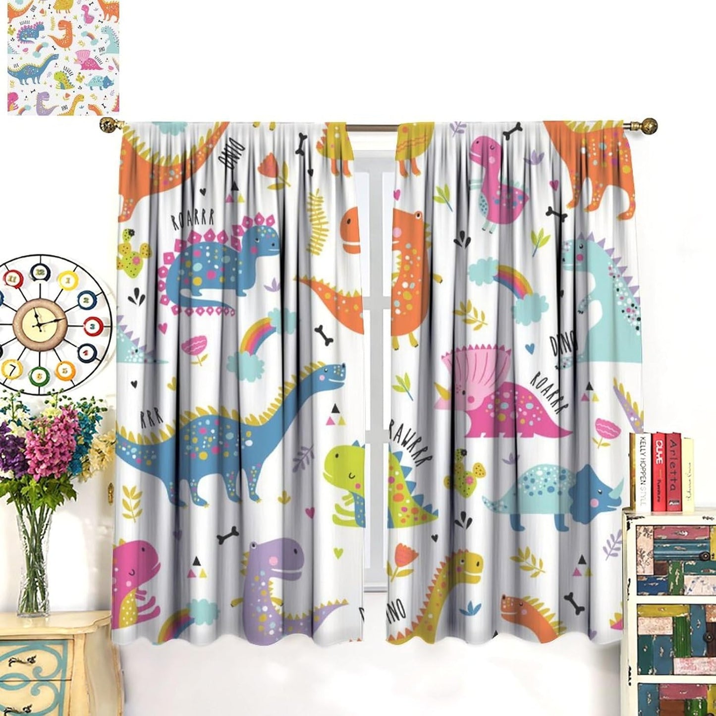 Cartoon Dinosaur Curtains for Kids Boys Girls Home Decor Childish Cute Dino Animals Print Pattern Rod Pocket Blackout Window Drapes for Nursery Baby Bedroom Playroom W21xL63in 2 Panels