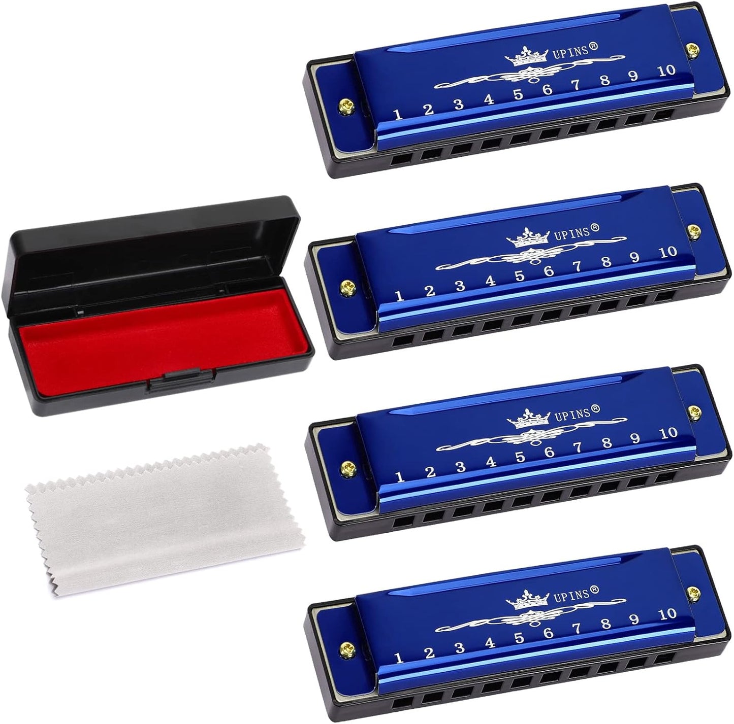 UPINS Harmonica, 4PCS Key of C Blues 10 Hole 20 Tones Titanium Color Harmonica with Case Cleaning Cloth for Beginner Students Kids (Blue)