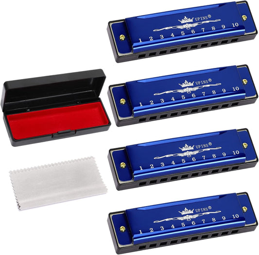 UPINS Harmonica, 4PCS Key of C Blues 10 Hole 20 Tones Titanium Color Harmonica with Case Cleaning Cloth for Beginner Students Kids (Blue)