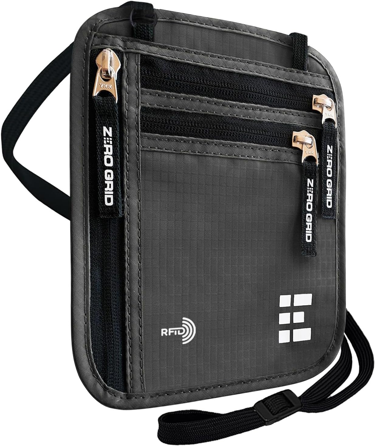 Neck Wallet for Travel & Passport Holder with RFID Blocking - Slim & Easy to Conceal Nylon Travel Pouch for men & women - Holds Phone, Cash, Cards, Keys - Sweat & Water Resistant - Large - Dark Grey