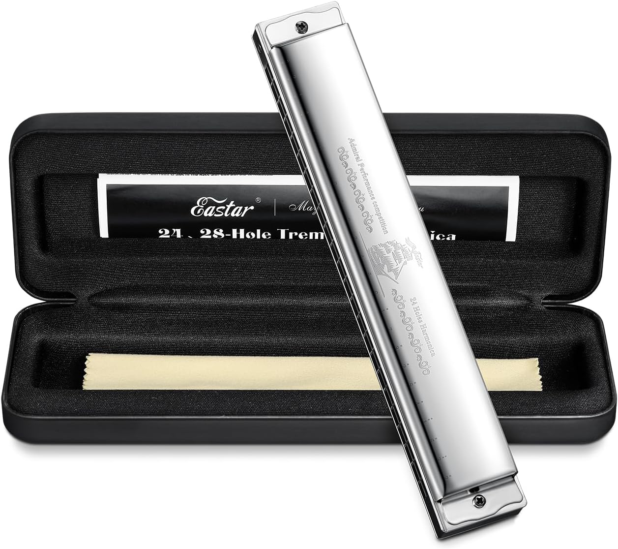 Eastar Admiral 24 Holes Harmonica, Key of C Tremolo for Beginners Adults Kids, Performance Competition Mouth Organ with Hard Case and Cloth, Silver