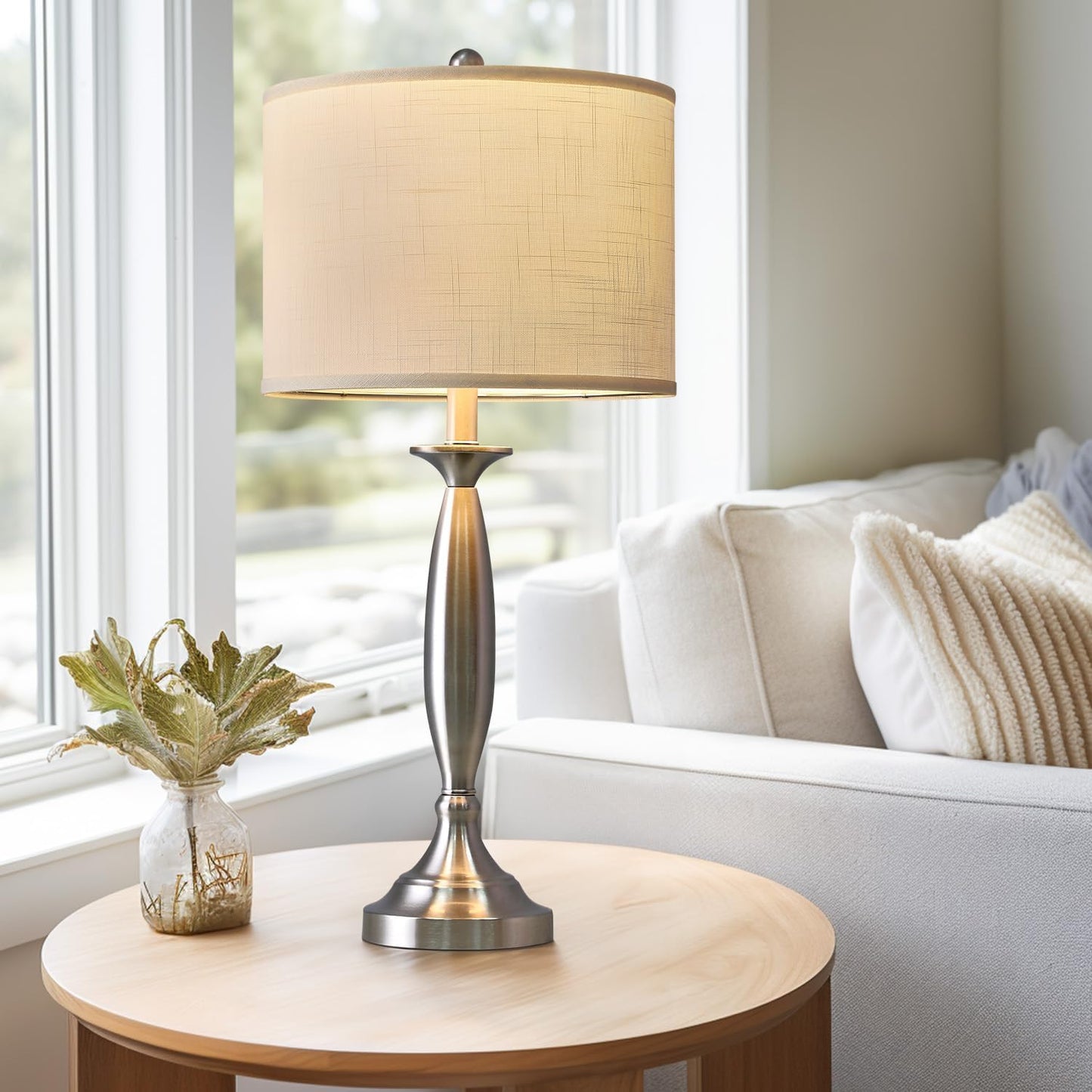 Oneach 27" Modern Table Lamps Set of 2 for Living Room Bedroom with USB A+ C Charging Port,Brushed Steel Bedside Lamps for Night Stands,Fabric Drum Shade Nightstand Lamp Light for End Tables Home