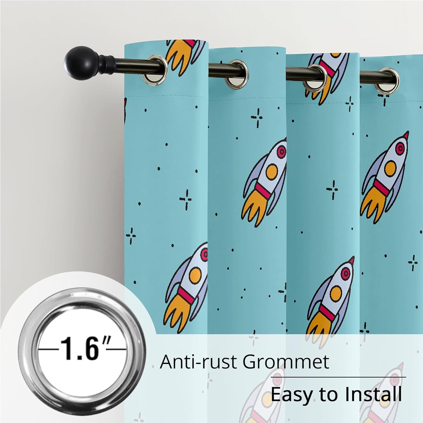 Kids Space Rockets Blackout Curtains - 100% Blackout, Thermal Insulated, Noise Reducing, Perfect for Kids Room and Nursery, 2 Panels (Aqua Mini Rockets, W52×L84)