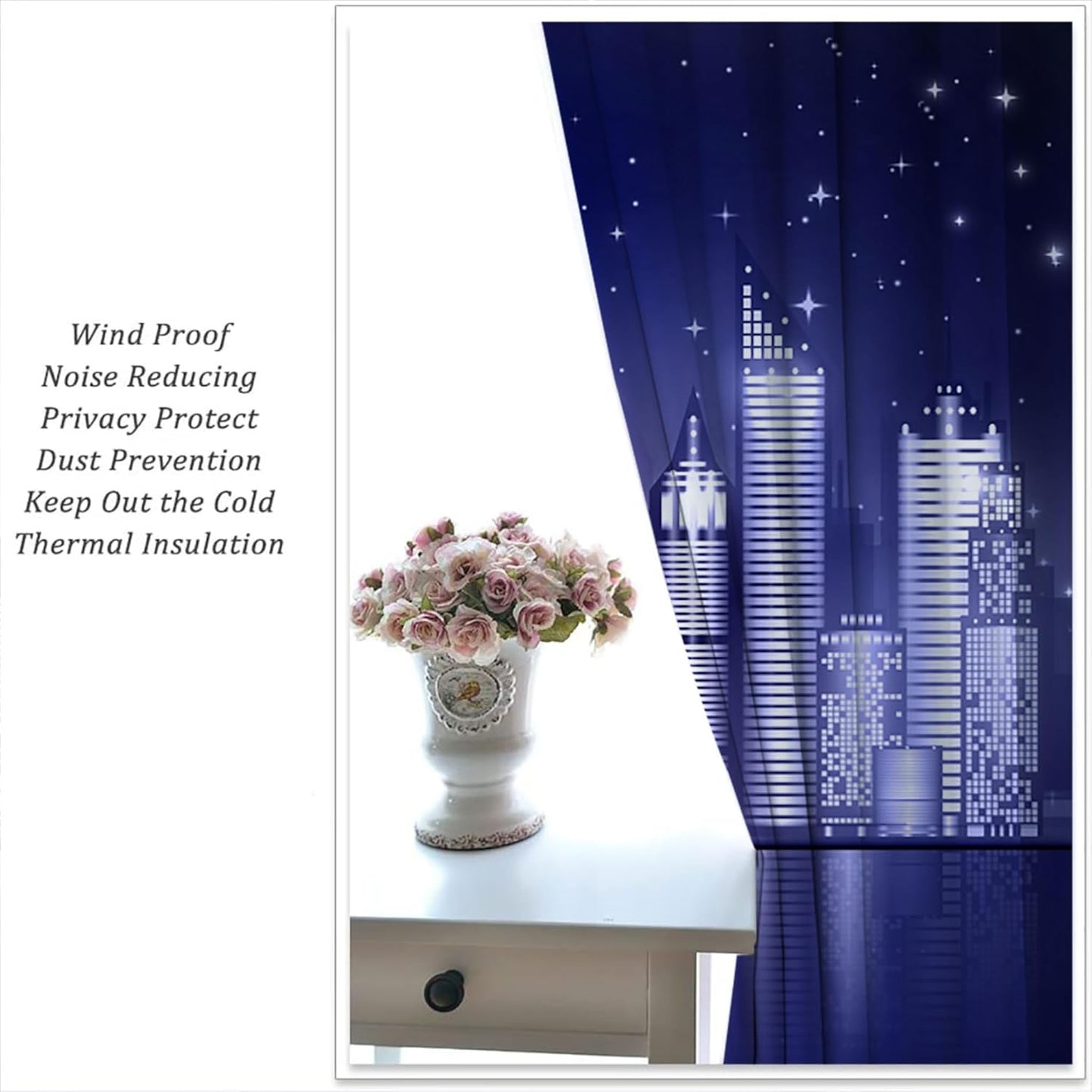 City Rod Pocket Blackout Curtains for Boy Girl Bedroom, New York Skyline Modern City Starry Sky Night View Home Energy Efficient Light Filtering Window Curtain for Living Room, 84x84 inch