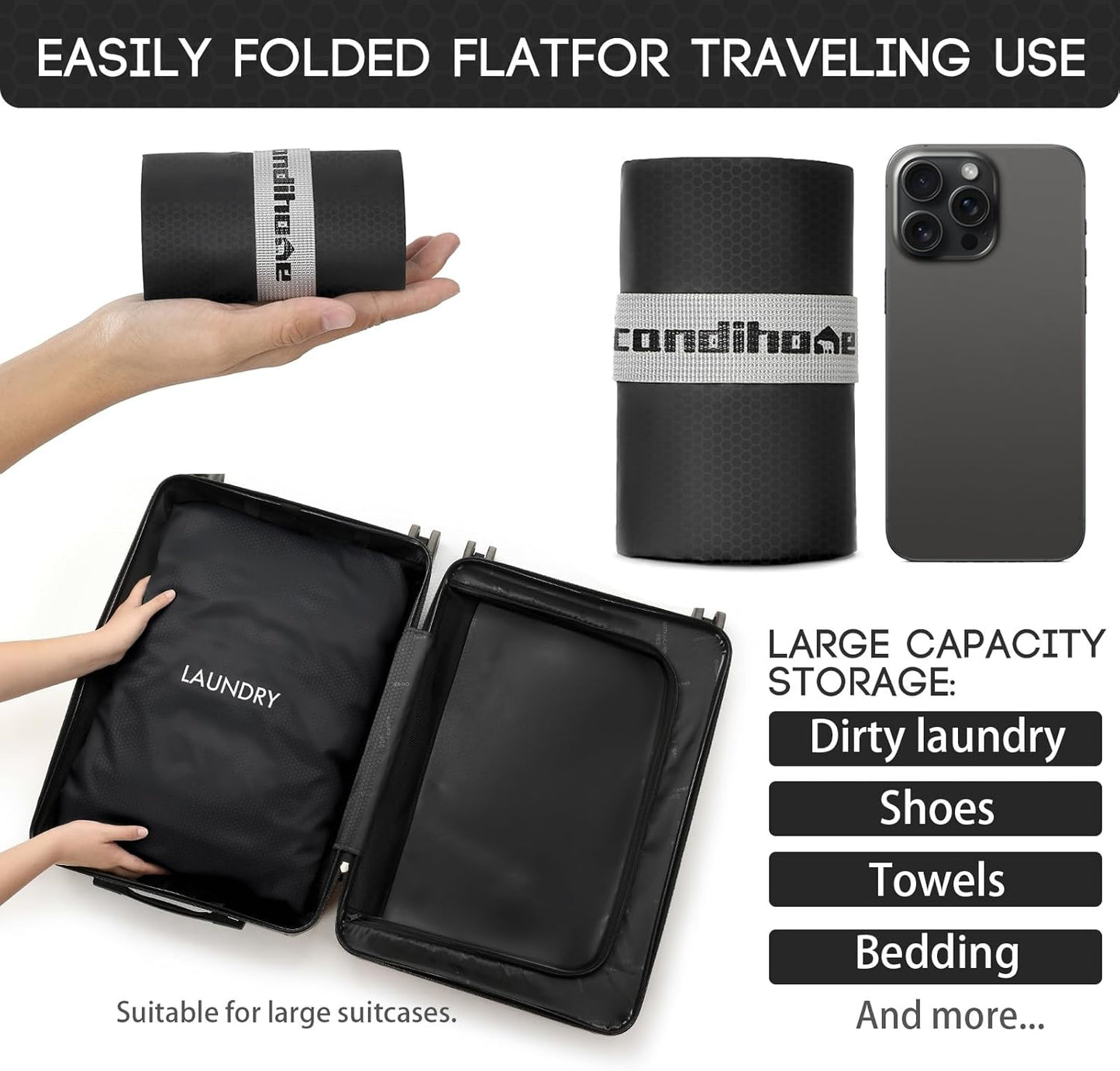 Travel Laundry Bag, Washable Dirty Clothes Travel Bag Waterproof Wet Dry Bags Reusable Camp Clothes Organizer for Sports Home College Dorm Laundromat (1 Pcs X-Large) Black