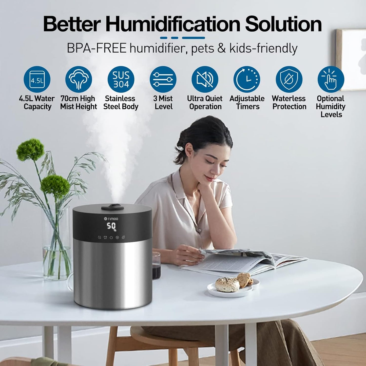 4.5L Humidifiers for Bedroom Large Room, Ultrasonic Cool Mist Humidifier with Stainless Steel Tank for Boiling Cleaning, Top Fill Humidifier with Smart Humidistat & Timer, Sleep Mode