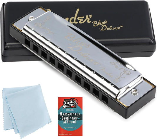 Fender Blues Deluxe Harmonica - Key of G Bundle with Carrying Case, Austin Bazaar Online Manual, and Polishing Cloth