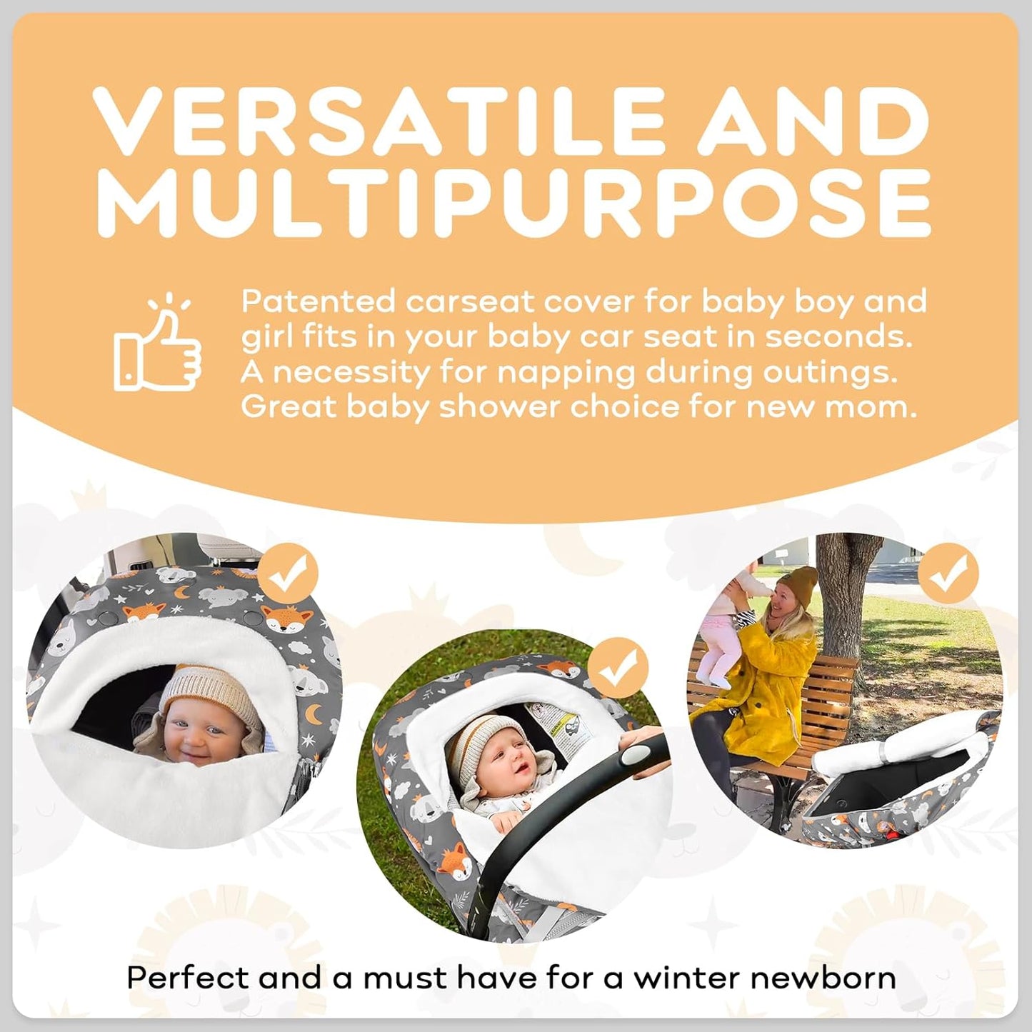 Yoofoss Baby Car Seat Cover Winter Carseat Canopies Cover to Protect Baby from Cold Wind, Super Warm Plush Fleece Baby Carrier Cover for Infant Boys Girls (Fox)