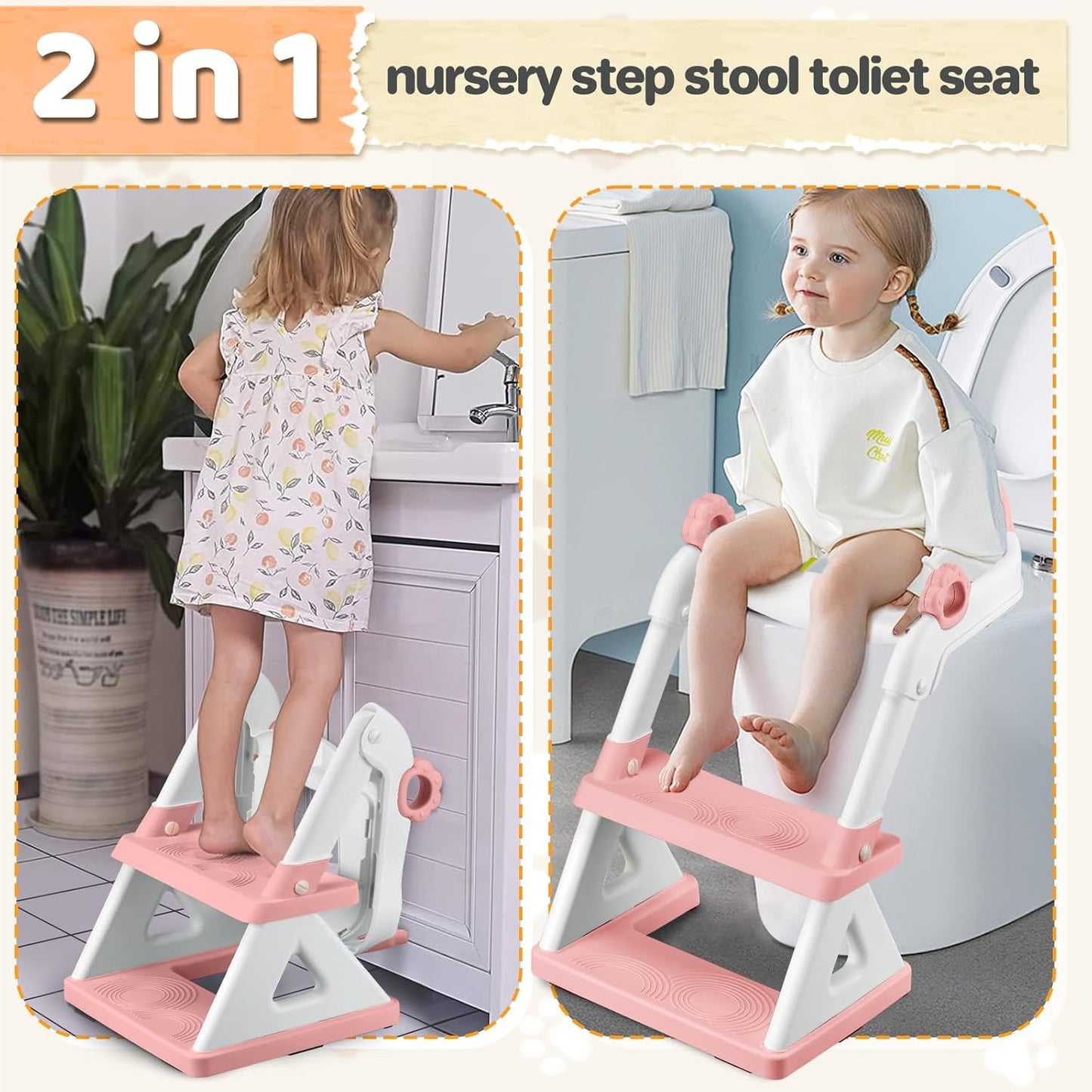 2 In 1 Potty Training Toilet Seat & Toddler Step Stool, Bottom Triangle Stability Toddler Toilet Seat, Adjustable Step & Seat Height Potty Seats (Pink)