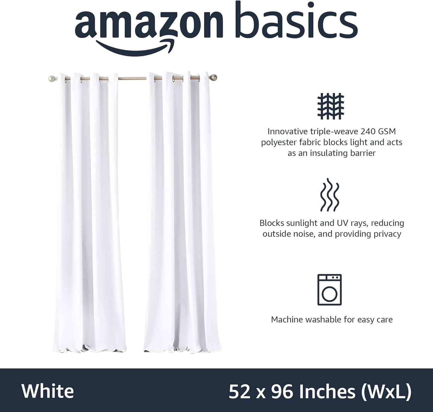 Amazon Basics Room Darkening Light Blocking Blackout Window Curtain with 2 Panels Grommets, for Living Room and Bedroom, 52 x 96 inches, White - Set of 2