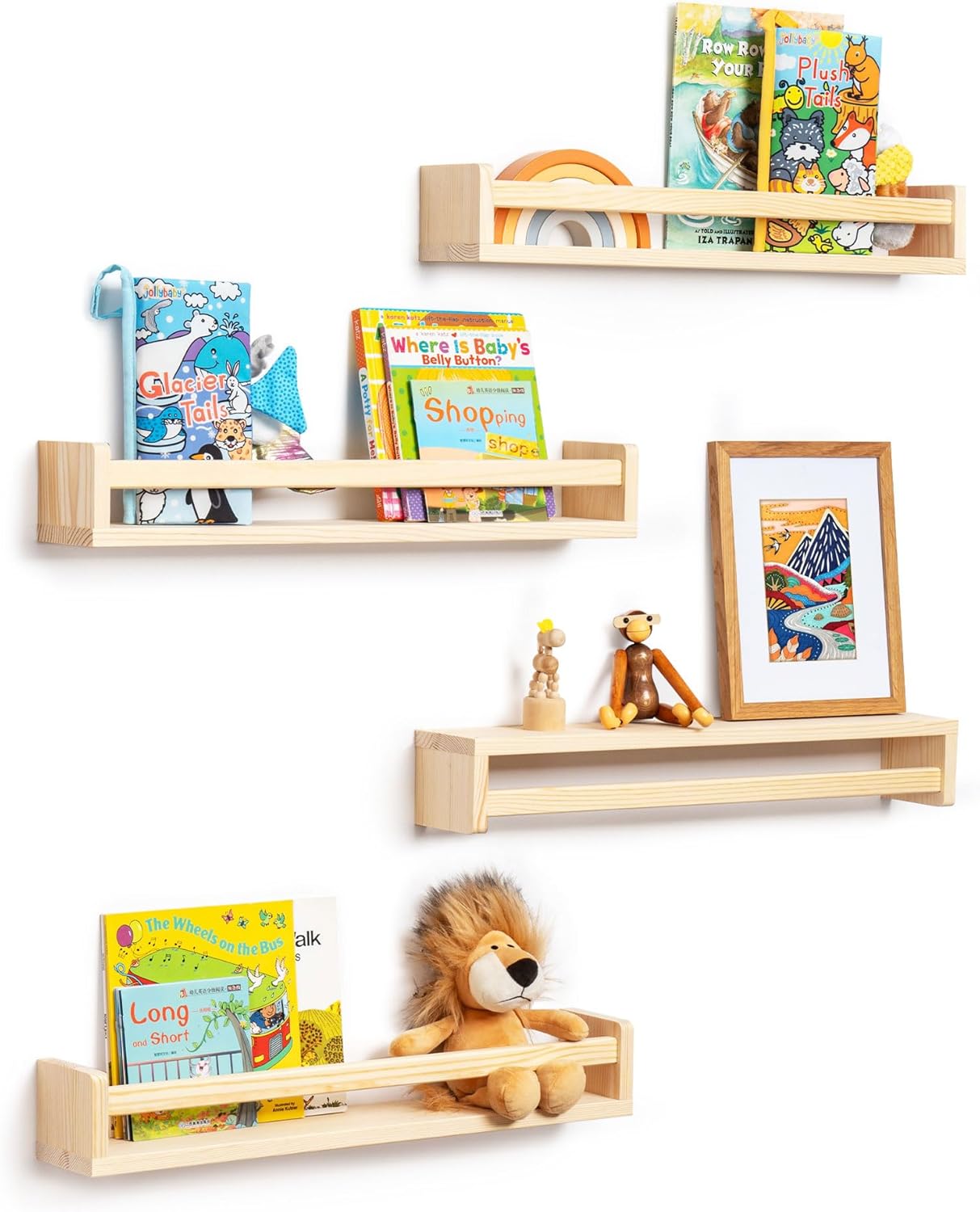 Fun Memories Nursery Book Shelves - Rustic Natural Solid Wood Floating Bookshelf for Kids - Wall Book Shelves for Kids Room (Natural, 24inch - 4P)