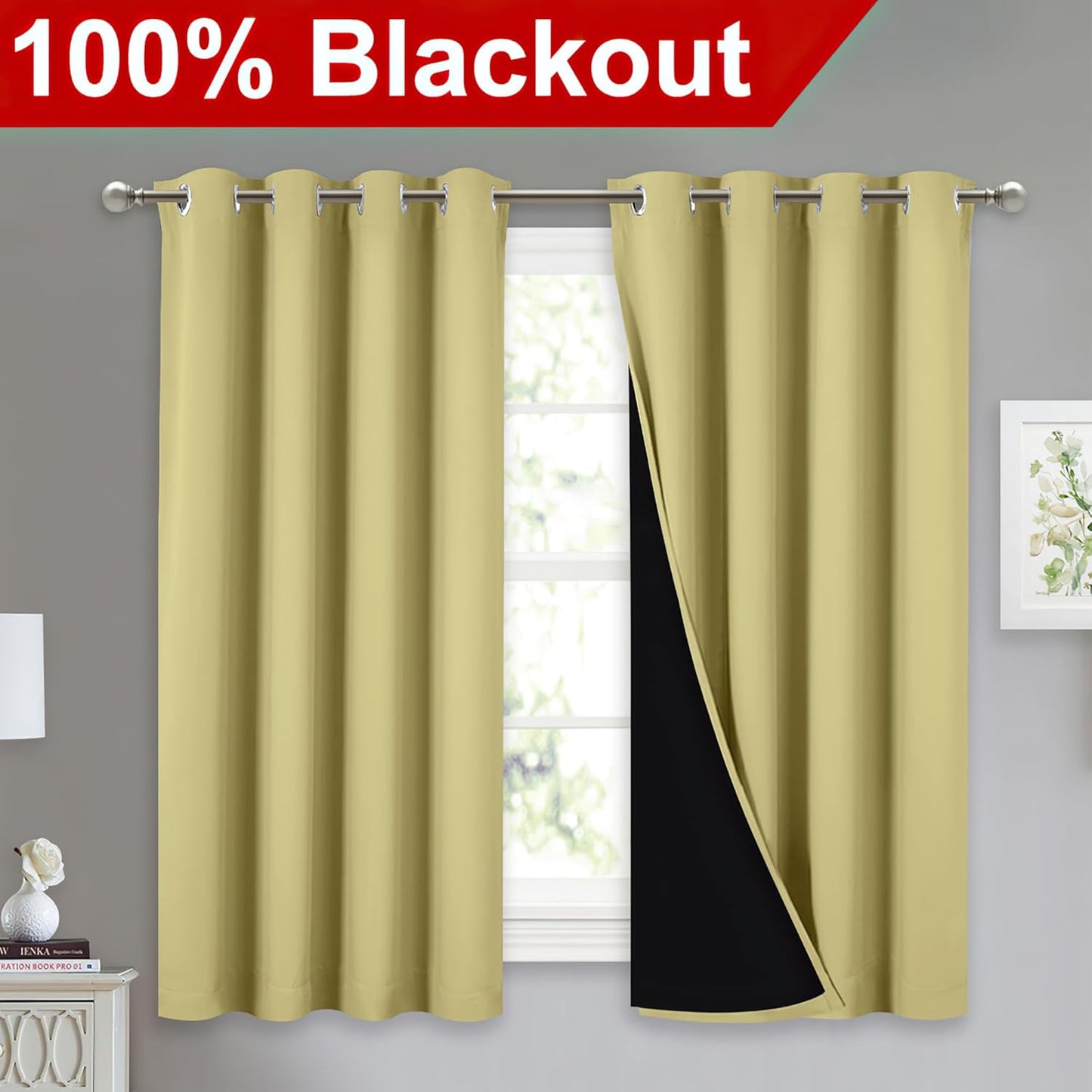 NICETOWN 100% Blackout Curtains with Black Liners, Thermal Insulated Full Blackout 2-Layer Lined Drapes, Noise Cancellation Window Drapes for Dining Room (Paler Yellow, 2 Panels, 52" W by 54" L)