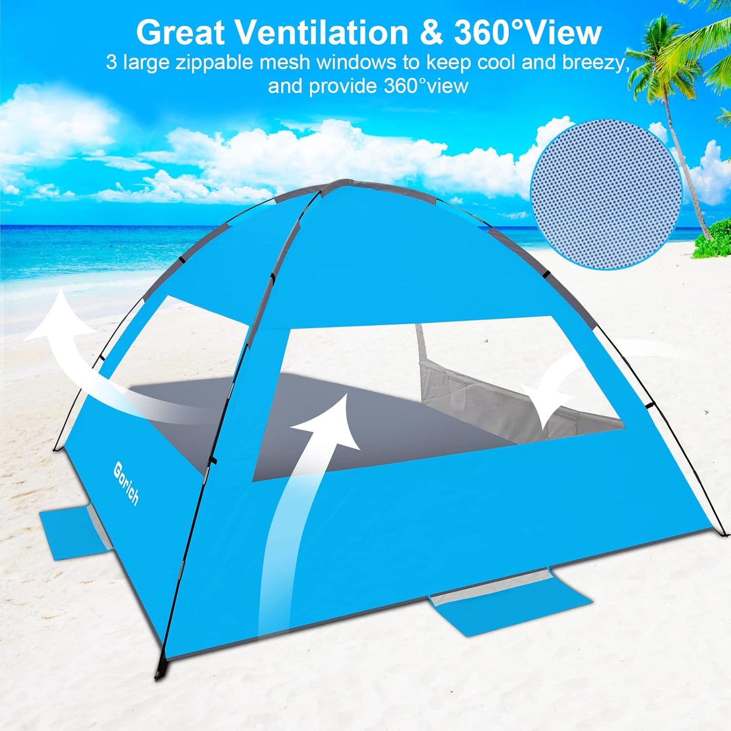 Gorich Beach Tent Sun Shelter for 3/4-5/6-7/8-10 Person with UPF 50＋ UV Protection, Lightweight & Easy Setup Beach Shade Canopy, Portable Beach Shade Tent Beach Cabana