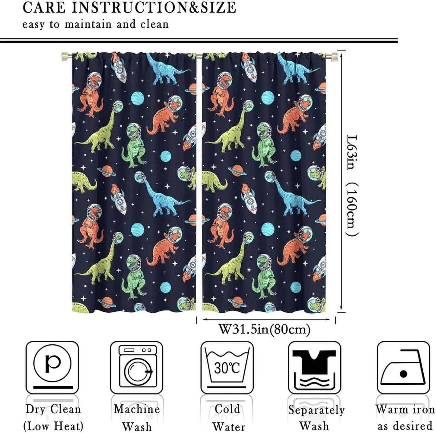 Cartoon Dinosaur Curtains for Kids Boys Girls Home Decor, Astronaut Rocket Funny Outer Space Blackout Rod Pocket Window Drapes for Bedroom Living Room W31.5xL63in 2 Panels