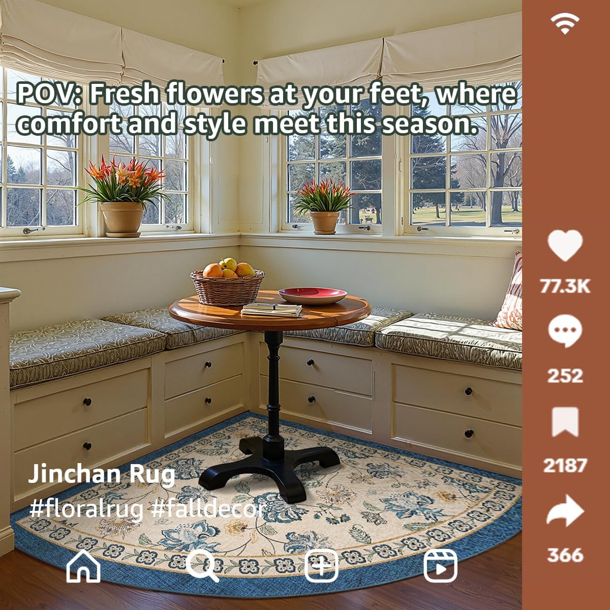 jinchan Floral Corner Rug for Living Room Washable Bedroom Rug Vintage Romance Design Non Slip Quarter Circle Lightweight Low-Pile Throw Carpet for Reading Nook Playroom,7ft Radius, Blue/Beige