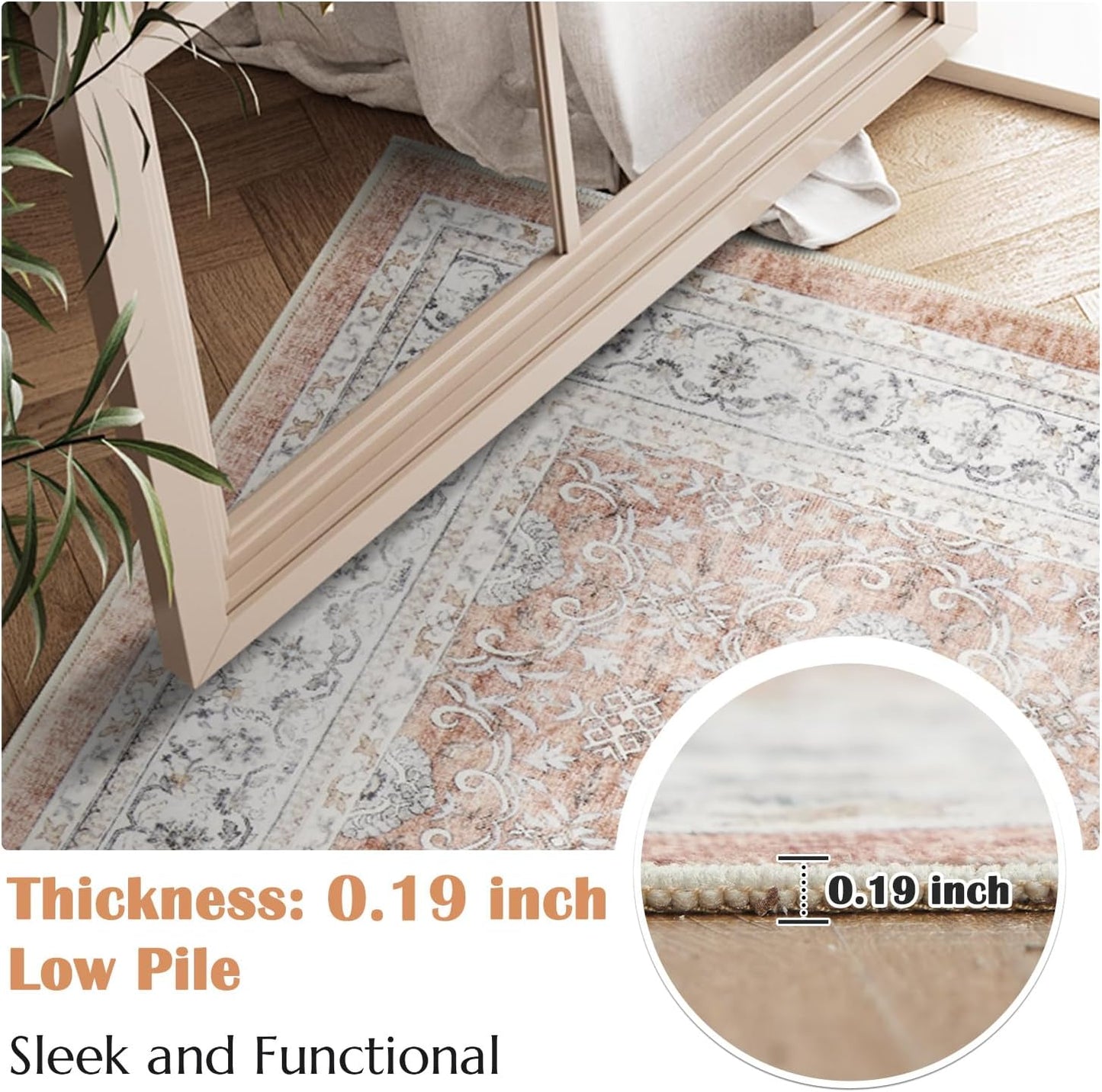 jinchan Washable Area Rug 3x5 Entryway Low Pile Boho Floral Print Rug Faux Wool Soft Indoor Doormat Stain Resistant Non-Slip Ultra-Thin Rug Kitchen Living Room Bedroom Dining Room Office Orange