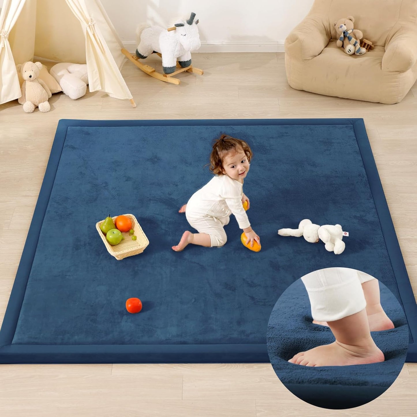 Ultra Soft Baby Play Mat,1.3" Thick Elasti-Foam 59"×71" Playpen Mat for Infants,Toddlers,Kids,Water-Repellent Coral Fleece Nursery Rug,Non-Slip Safe for Tummy Time&Crawling(Royal Blue)