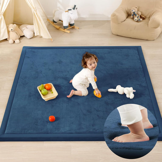 Ultra Soft Baby Play Mat,1.3" Thick Elasti-Foam 59"×71" Playpen Mat for Infants,Toddlers,Kids,Water-Repellent Coral Fleece Nursery Rug,Non-Slip Safe for Tummy Time&Crawling(Royal Blue)