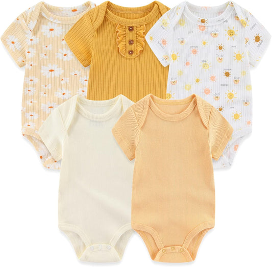 Newborn Baby Short Sleeve Bodysuit Cotton One-Piece Baby Clothes 5-Pack, 0-12 Months