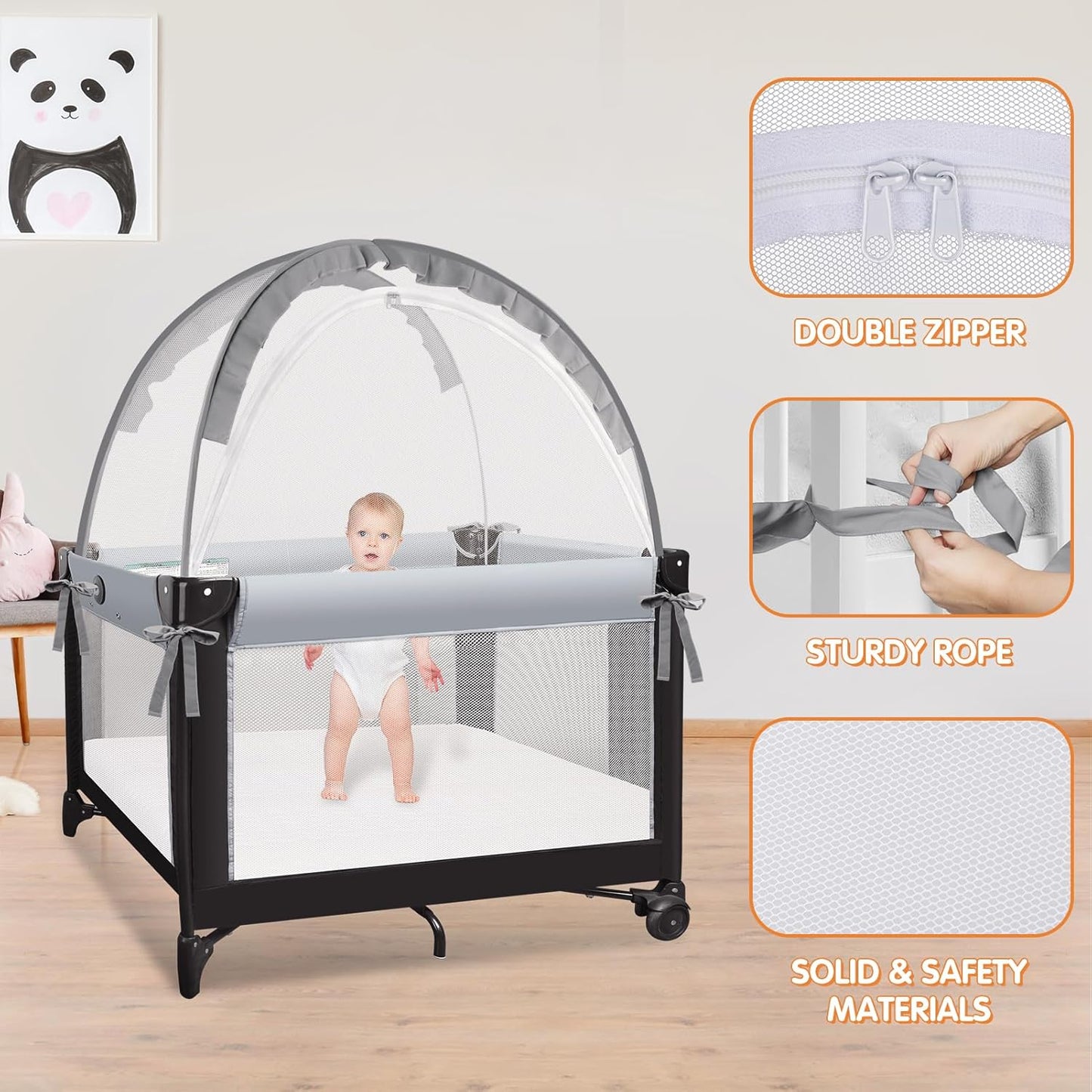 Pack N Play Tent - Mini Crib Tent to Keep Baby from Climbing Out - Crib Net to Keep Baby in - Pop Up Breathable Cribs Cover - Canopy with Upgrade Strong Mesh and Durable Zipper (Gray, Small)