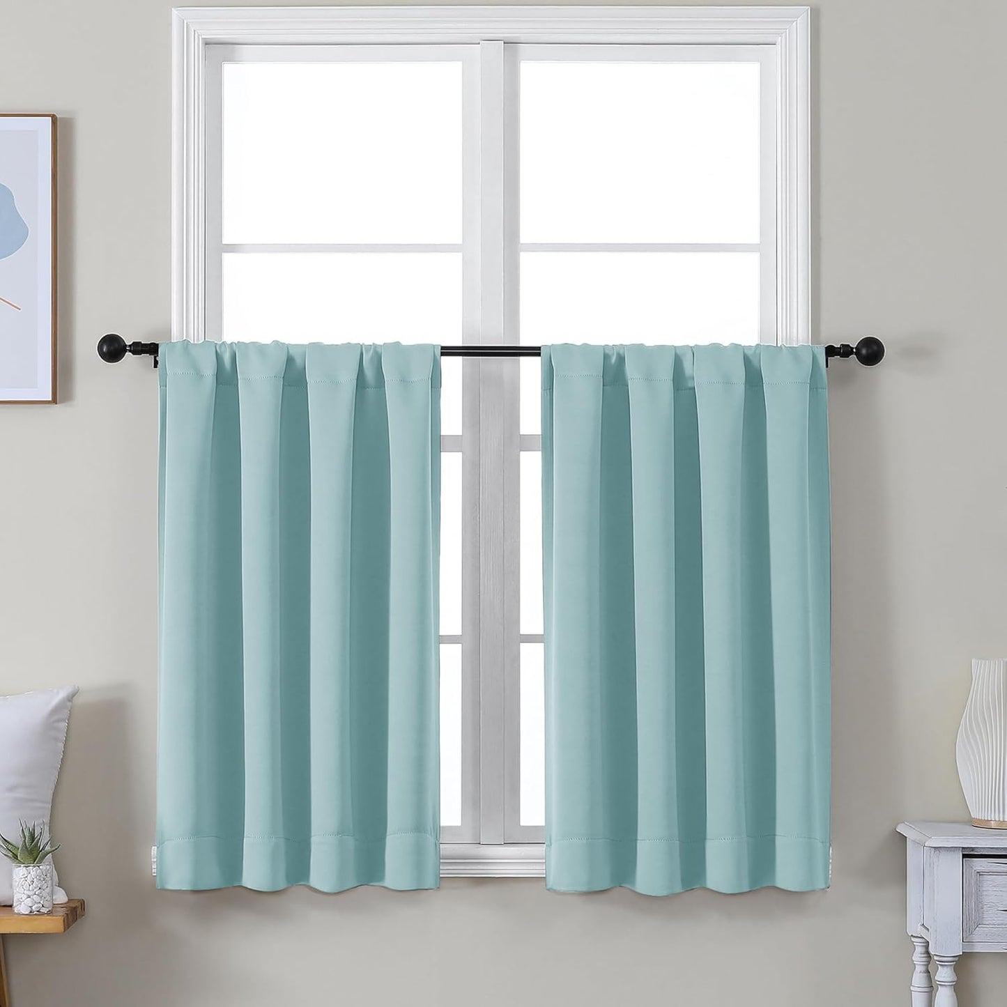 Simplebrand Ava Aqua Short 36 Inches Blackout Curtain 2 Panels Set, Half Window Rod Pocket Privacy Curtain Tiers for Kitchen, Curtains Blackout for Bathroom Shades, W40 x L36 Inch, Aqua