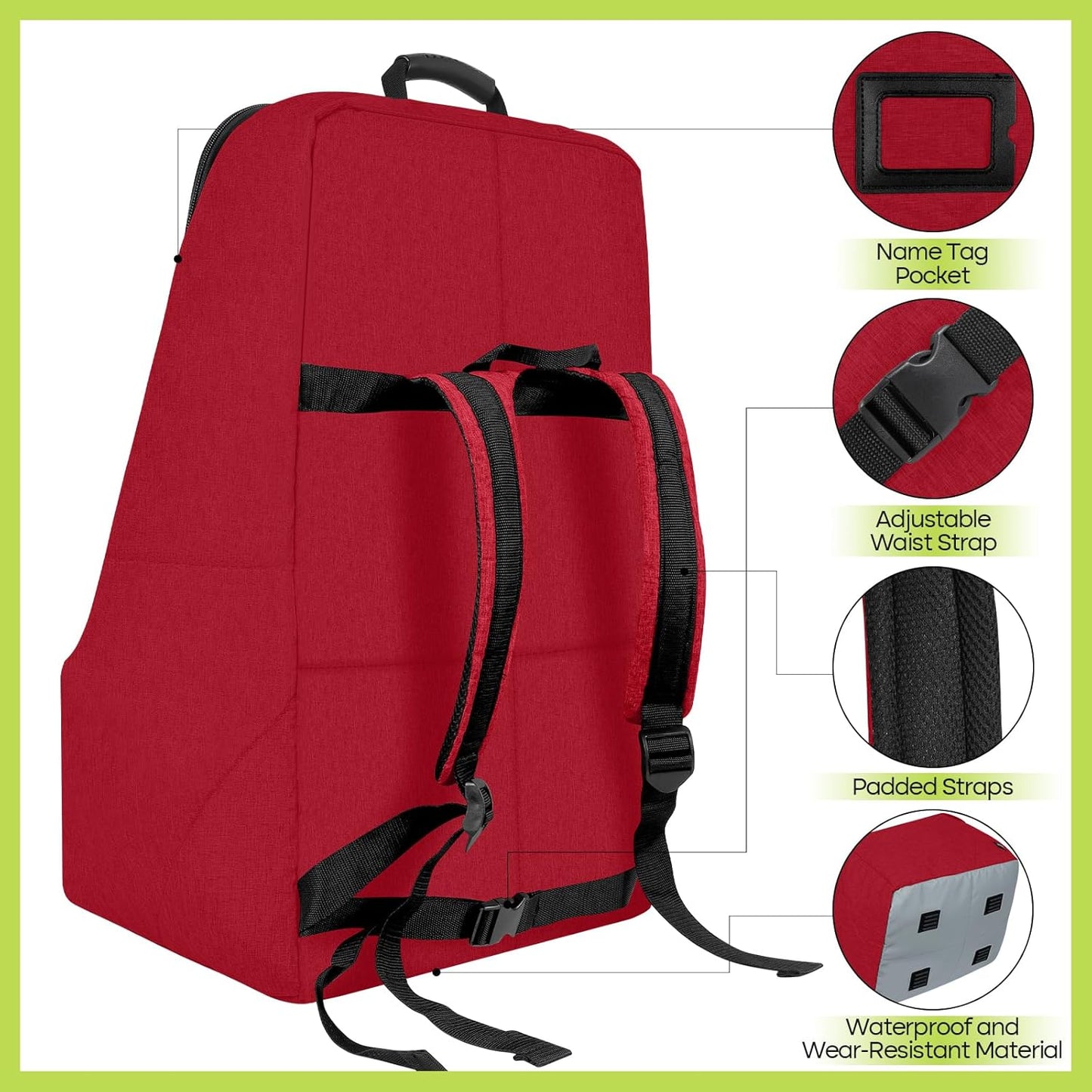 Padded Car Seat Travel Bag for Airplane, Heavy Duty Backpack for Air Travel, Water-Resistant Carrier with Shoulder Strap, Fits Most Car Seats (Red)