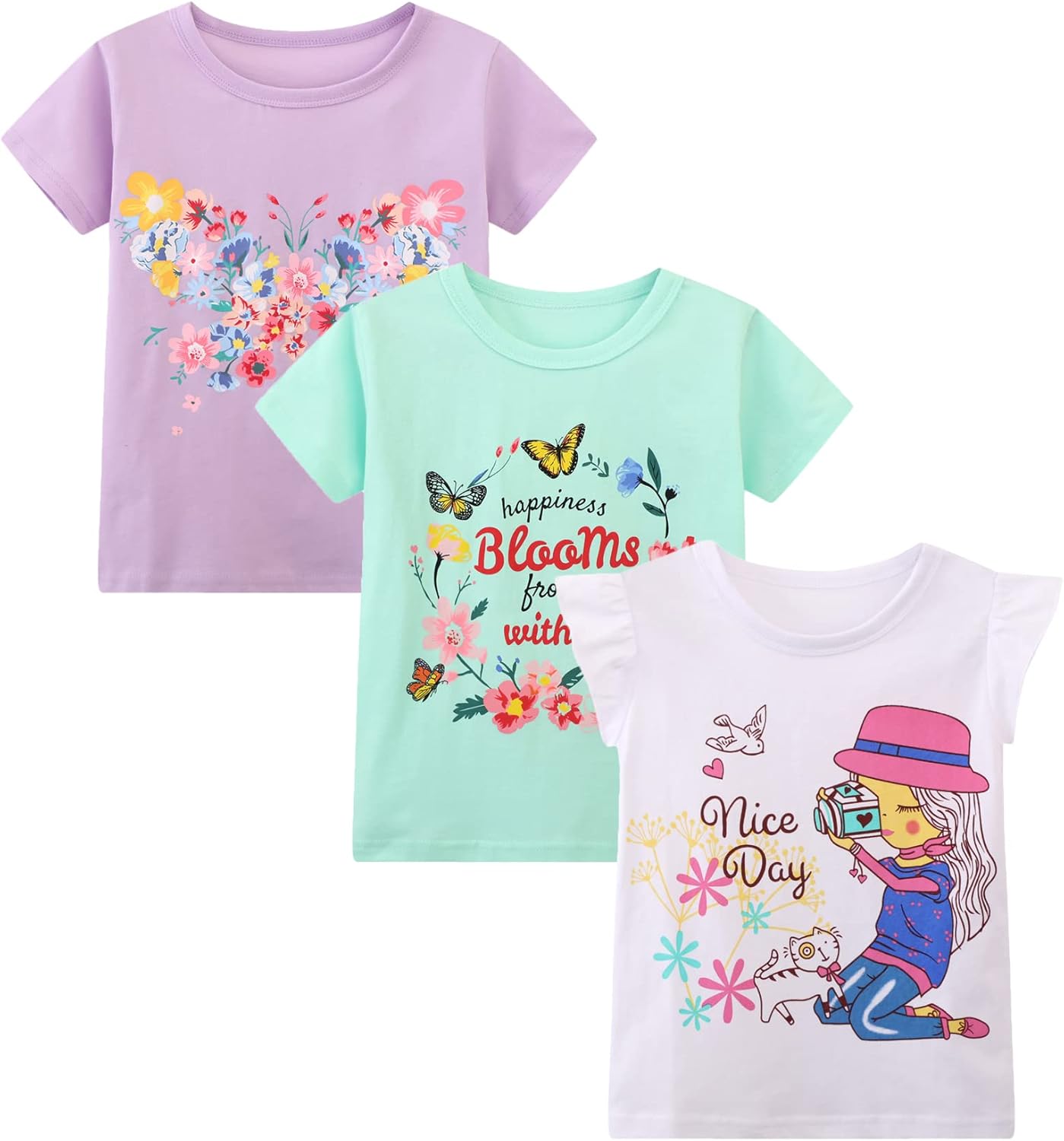 HILEELANG Girls' Tees Ruffle Short Sleeve T-Shirt Cotton Casual Graphic Summer Crewneck Tunic Tops