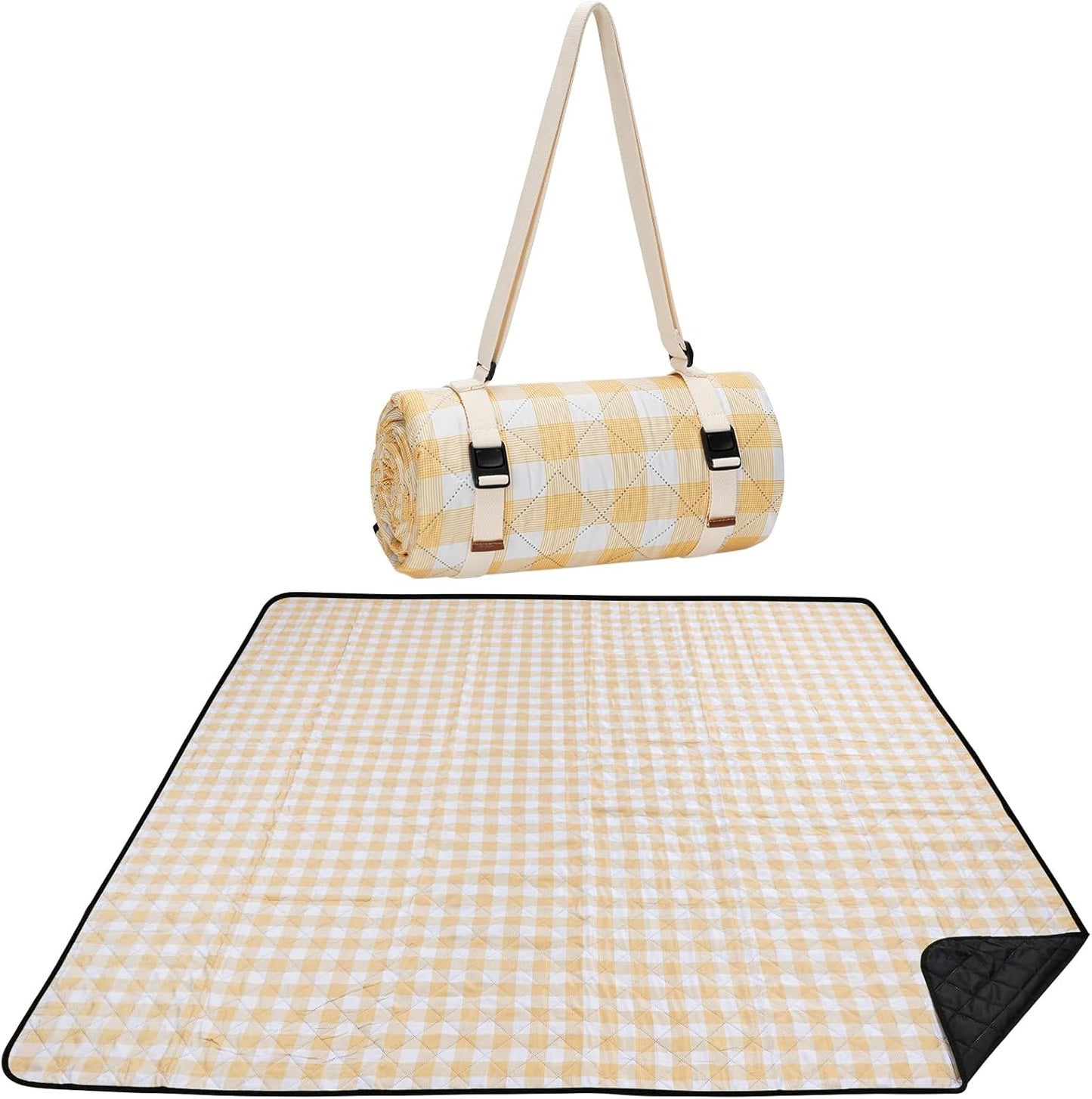 Picnic Blanket, 80''x80'' Waterproof Outdoor Blankets, Picnic Mat Washable for Beach, Picnic Blankets for Camping on Grass with Shoulder Strap - Yellow & White