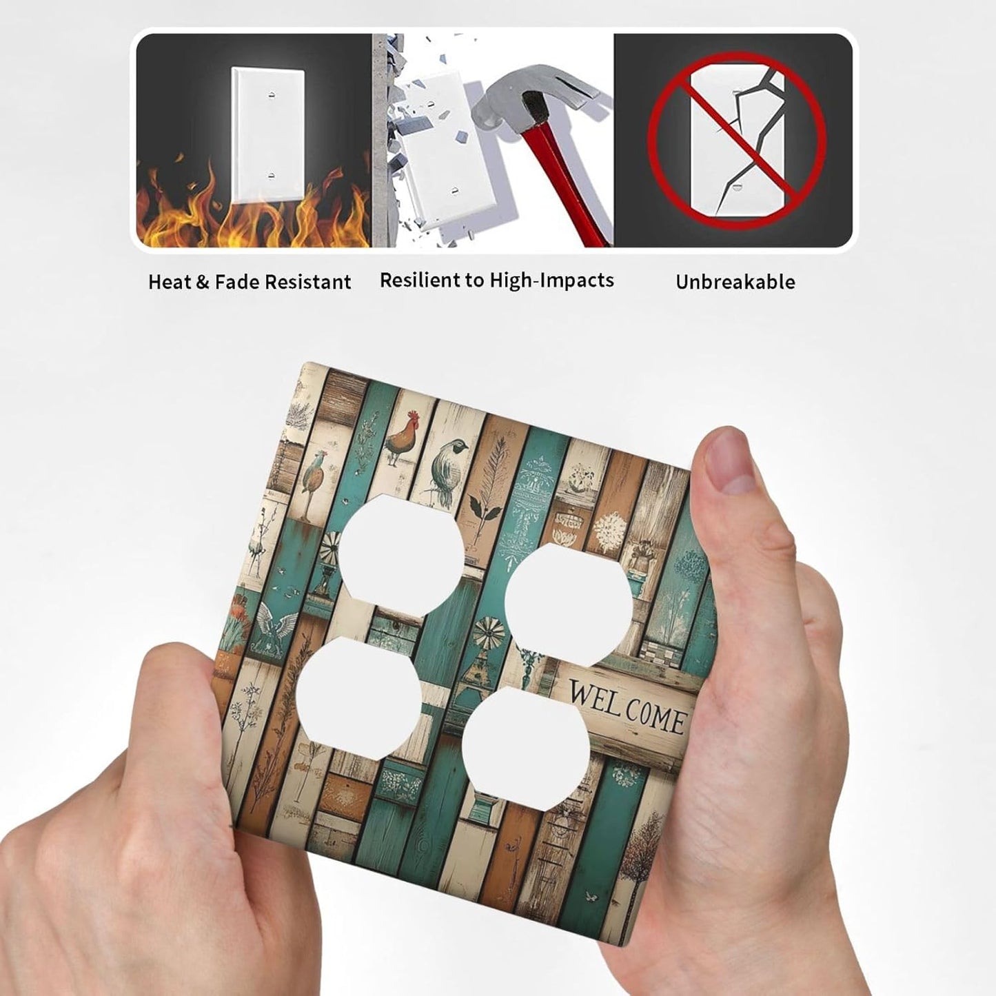 Outlet Covers Vintage Wood Brown Turquoise Splicing 2 Gang Double Duplex Decorative Light Switch Covers Electrical Wallplates Socket Faceplate For Farmhouse Cabin Decor