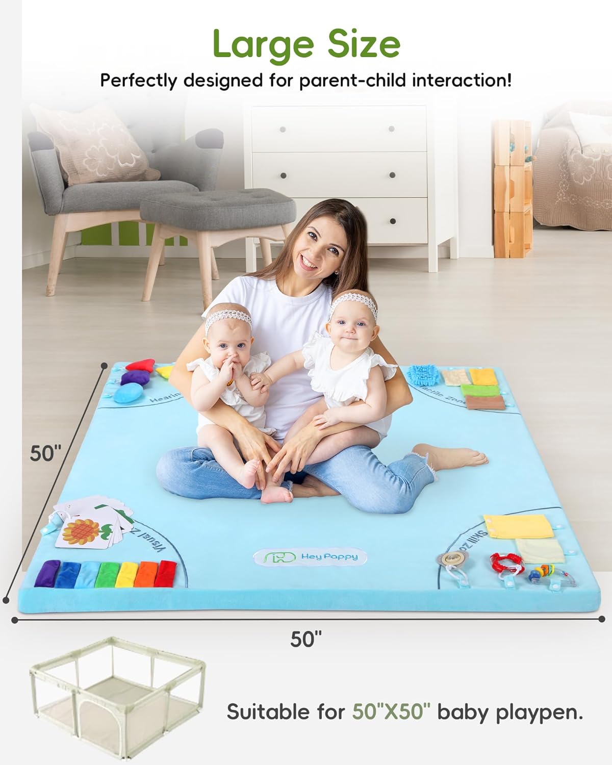 Baby Play Mat, 50''x50'' Playpen Mats with 4 Sensory Development Zones for Motor Skills, Unique Crawling Mats with Non-Slip Cushioned that Fits Nicely into Any Playroom, Blue