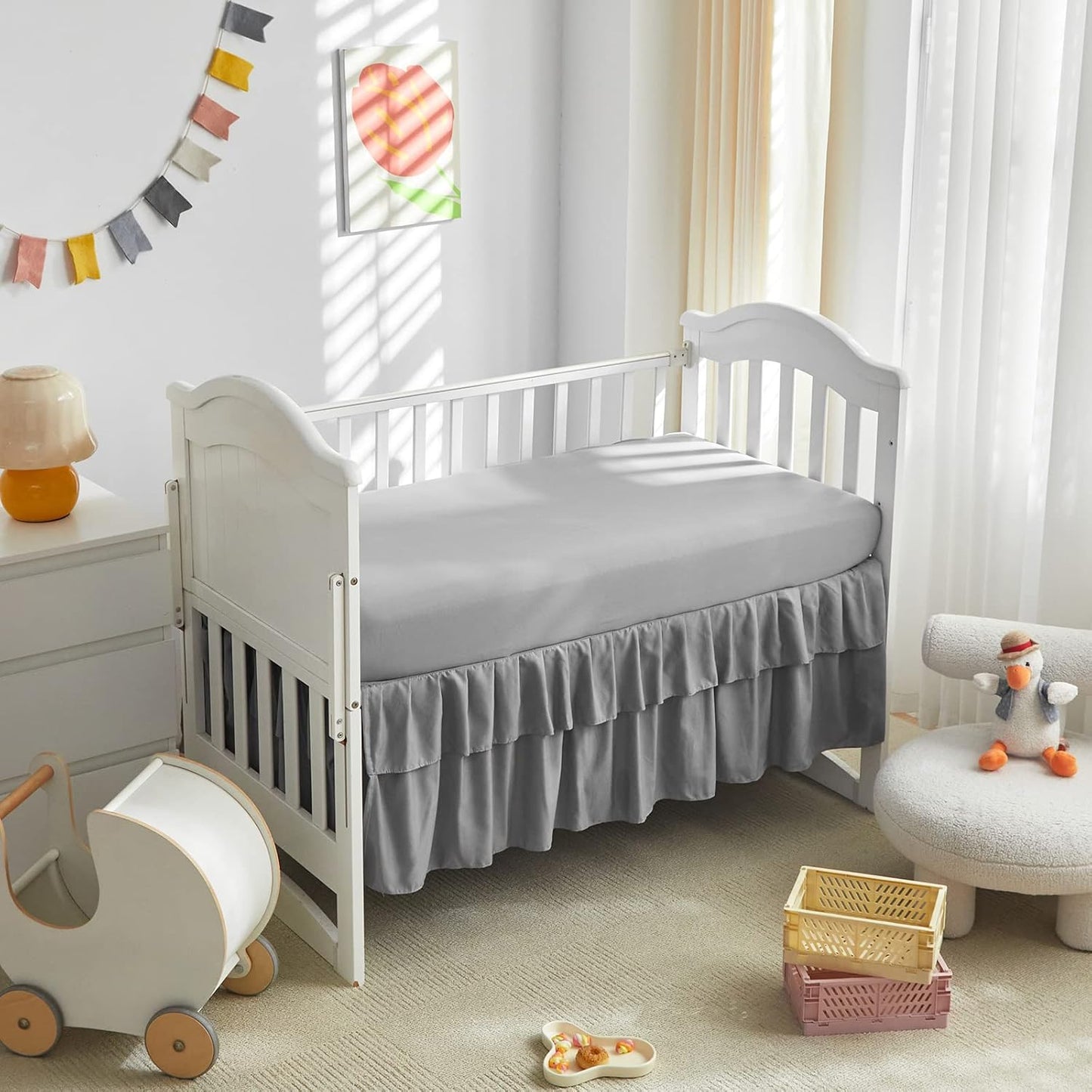 Tufted Ruffle Crib Bedding Set 3 Pieces Baby Boho Quilted Comforter with Fitted Sheet and Bed Skirt - Cute Ruffled Shabby Chic Baby Bedding Soft Blanket Design Gray