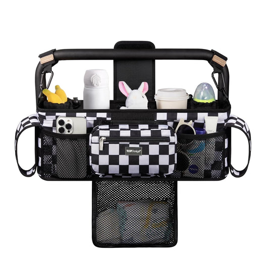 TOPDesign Universal Baby Stroller Organizer, Double Stroller Caddy with Detachable Mesh Bag & Heightened Insulated Cup Holders & Non-Slip Secure Hooks Accessories, Fits Most Strollers (Checkerboard)