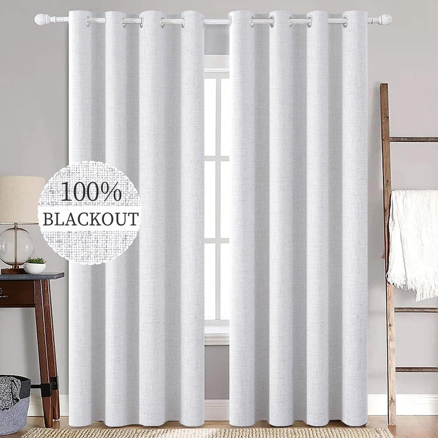 MIULEE Linen Texture Curtains for Bedroom Solid 100% Blackout Thermal Insulated Grayish White Curtains Grommet Room Darkening Curtains/Drapes Decor for Living Room 52x108 Inch (2 Panels)
